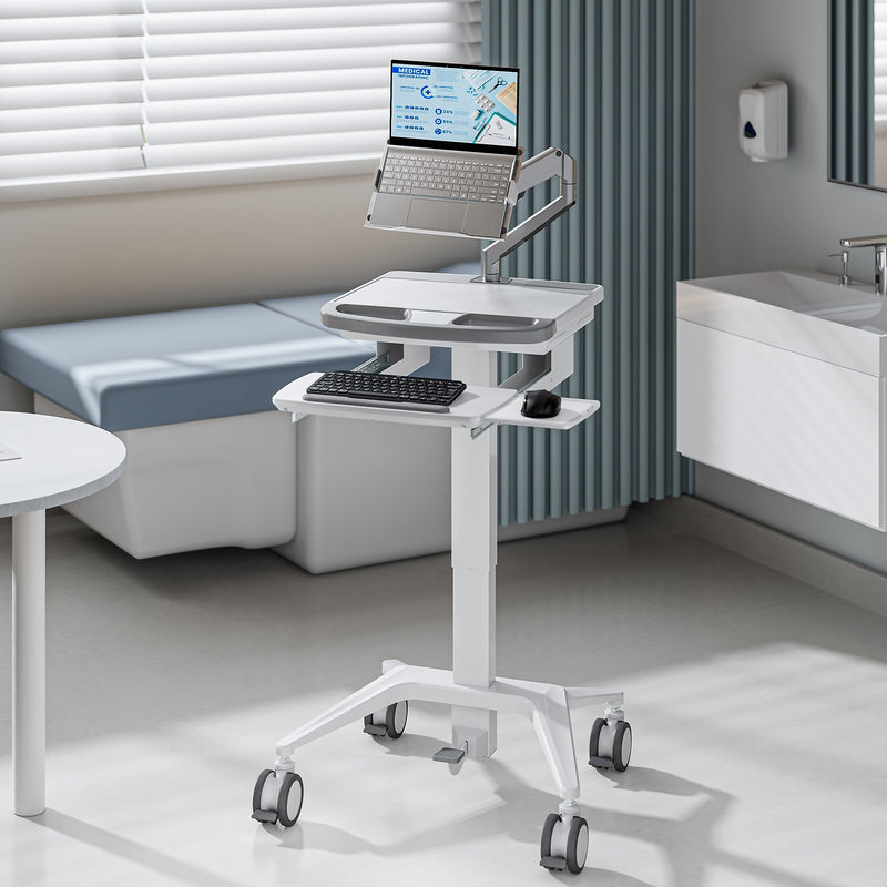Mount-It! MedHub Mobile Medical Cart Workstation with Spring Arm Laptop Mount and Locking Caster Wheels, White/Grey (MI-16017)