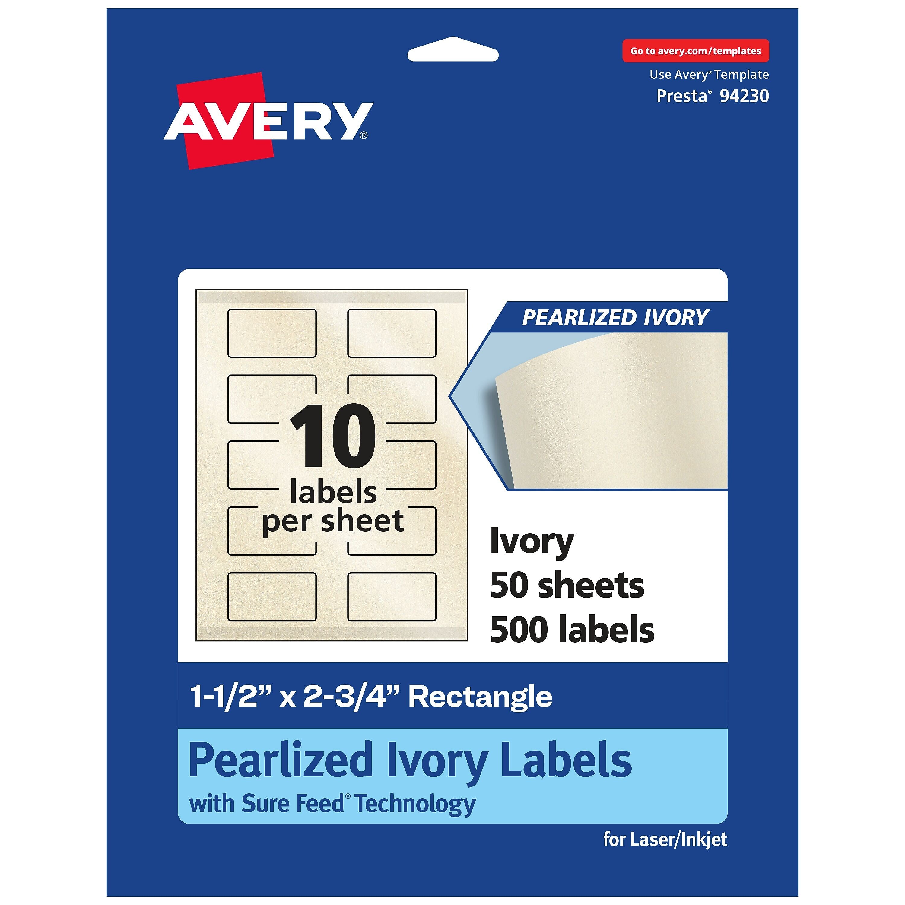 Avery Laser/Inkjet Rectangle Pearlized Labels, 1.5" x 2.75", Ivory, 500 Labels/Box (94230)