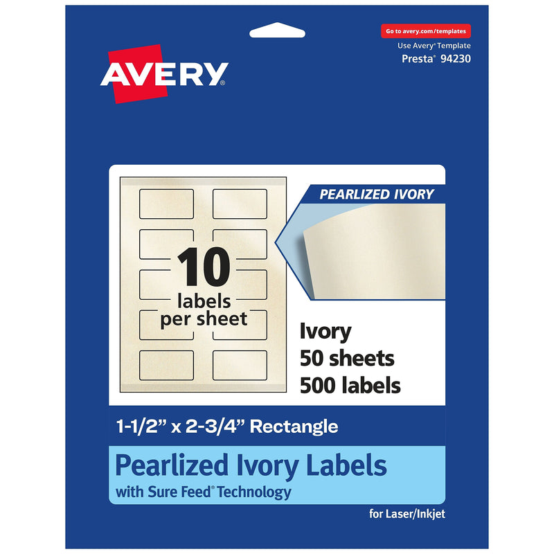Avery Laser/Inkjet Rectangle Pearlized Labels, 1.5" x 2.75", Ivory, 500 Labels/Box (94230)