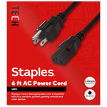 Staples TECH 6 ft. AC Power Cord, Male to Male, Black (ST62398)