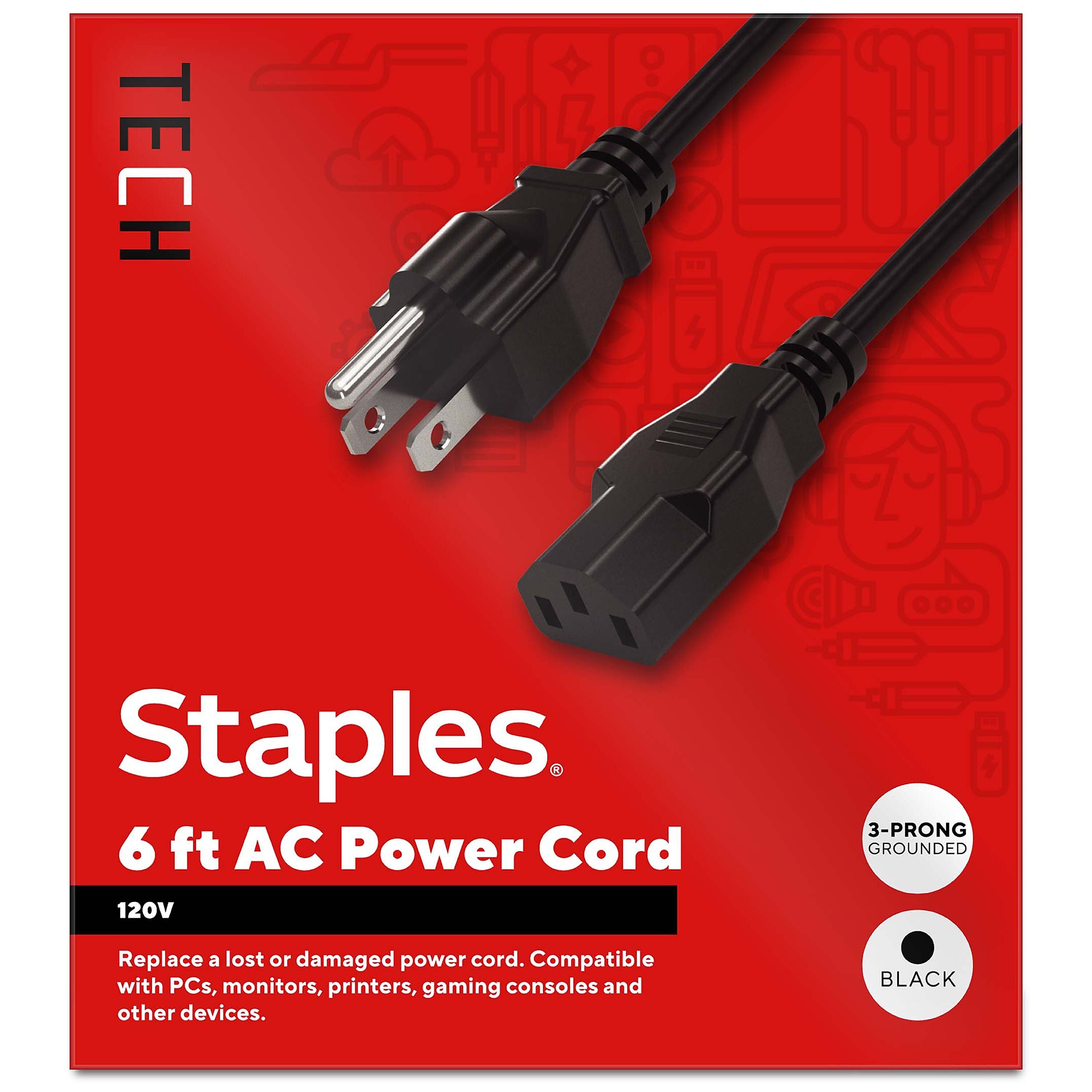 Staples TECH 6 ft. AC Power Cord, Male to Male, Black (ST62398)