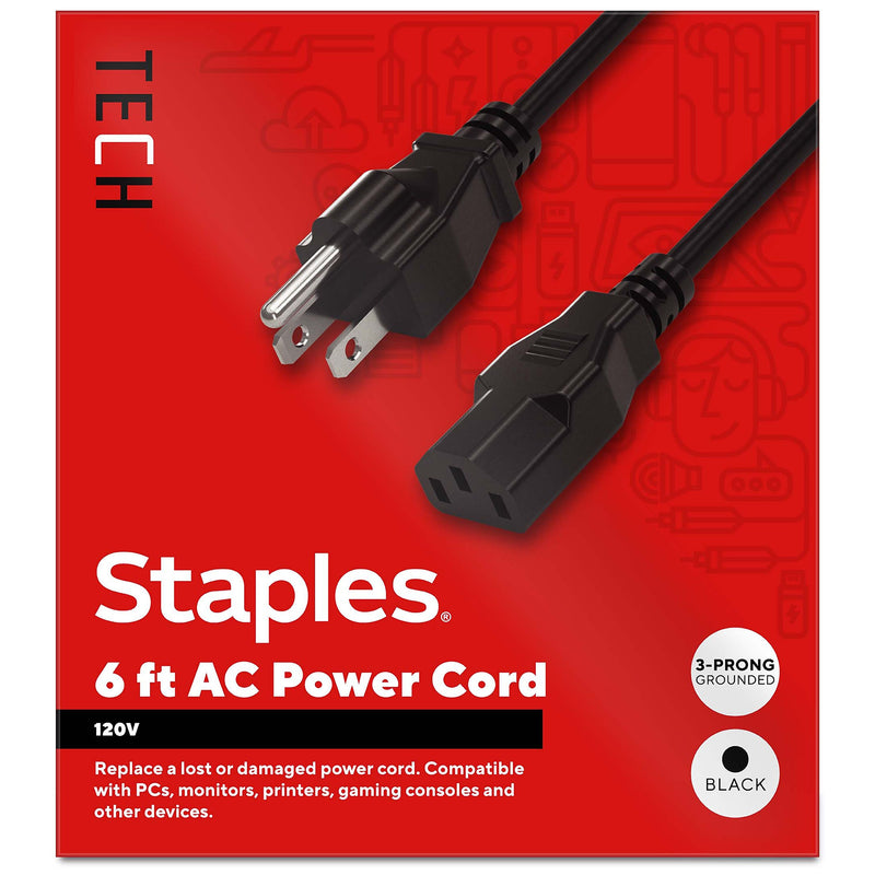 Staples TECH 6 ft. AC Power Cord, Male to Male, Black (ST62398)