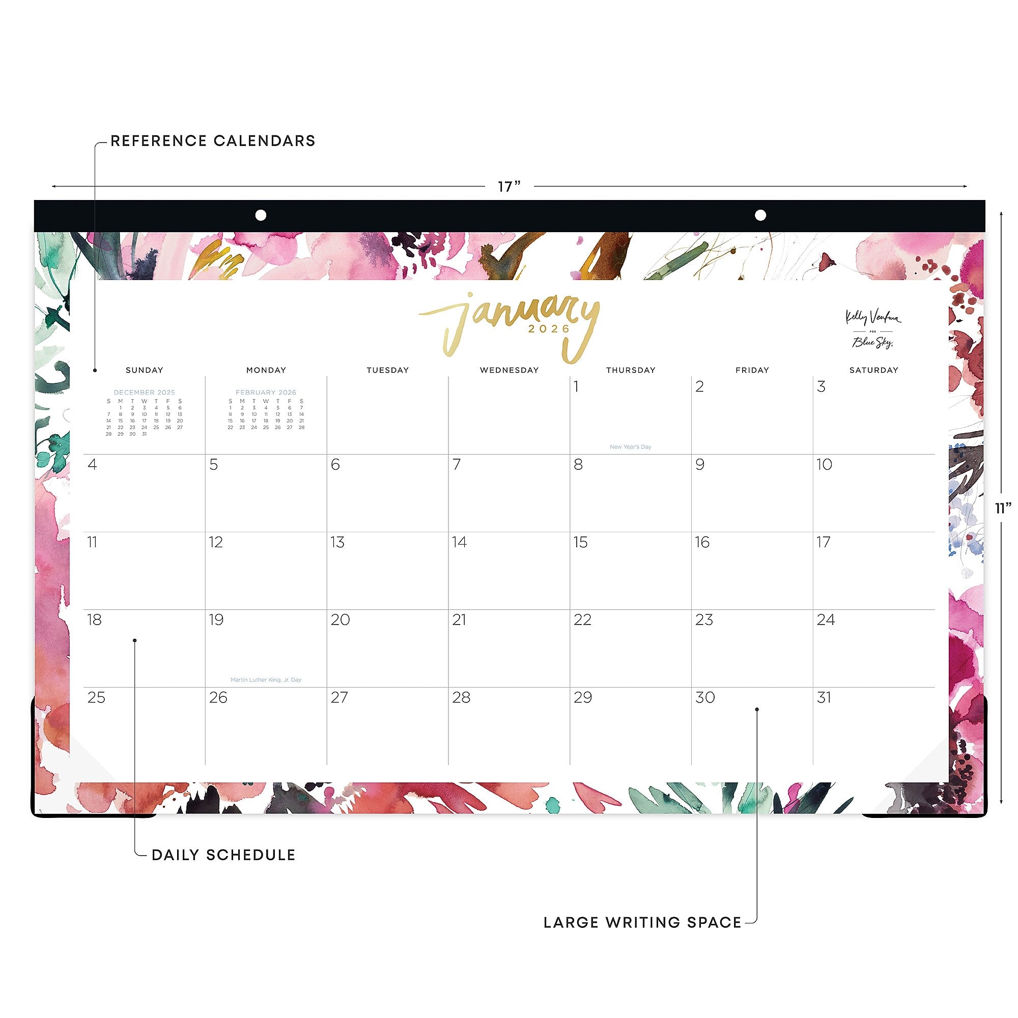 2026 Blue Sky Kelly Ventura Magenta Blooms 17" x 11" Monthly Desk Calendar (149057-26)