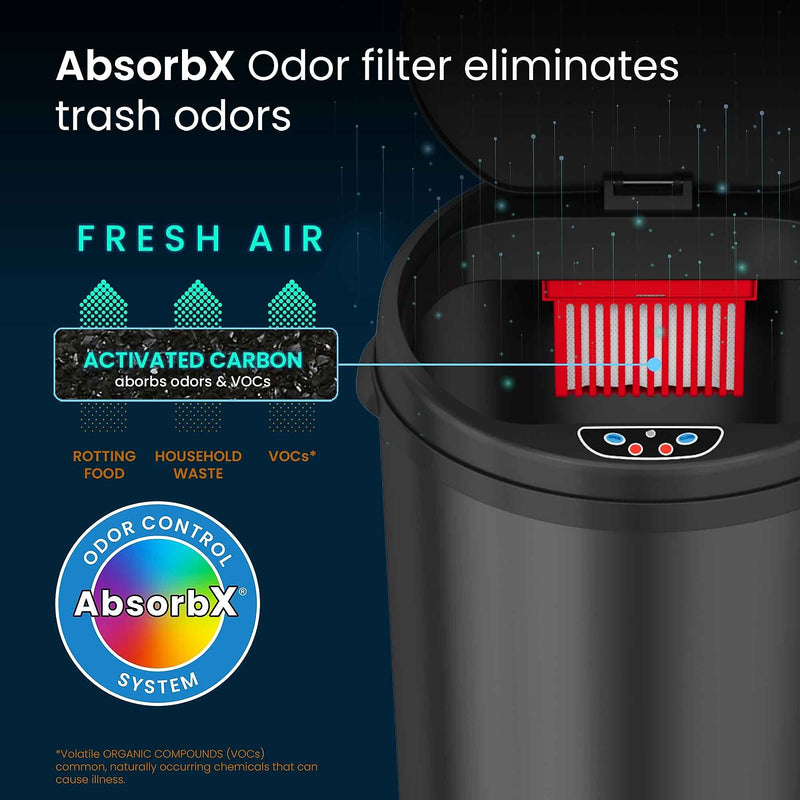 iTouchless Stainless Steel Round Sensor Trash Can with AbsorbX Odor Control System, 8 Gallon, Black (MT08RB)