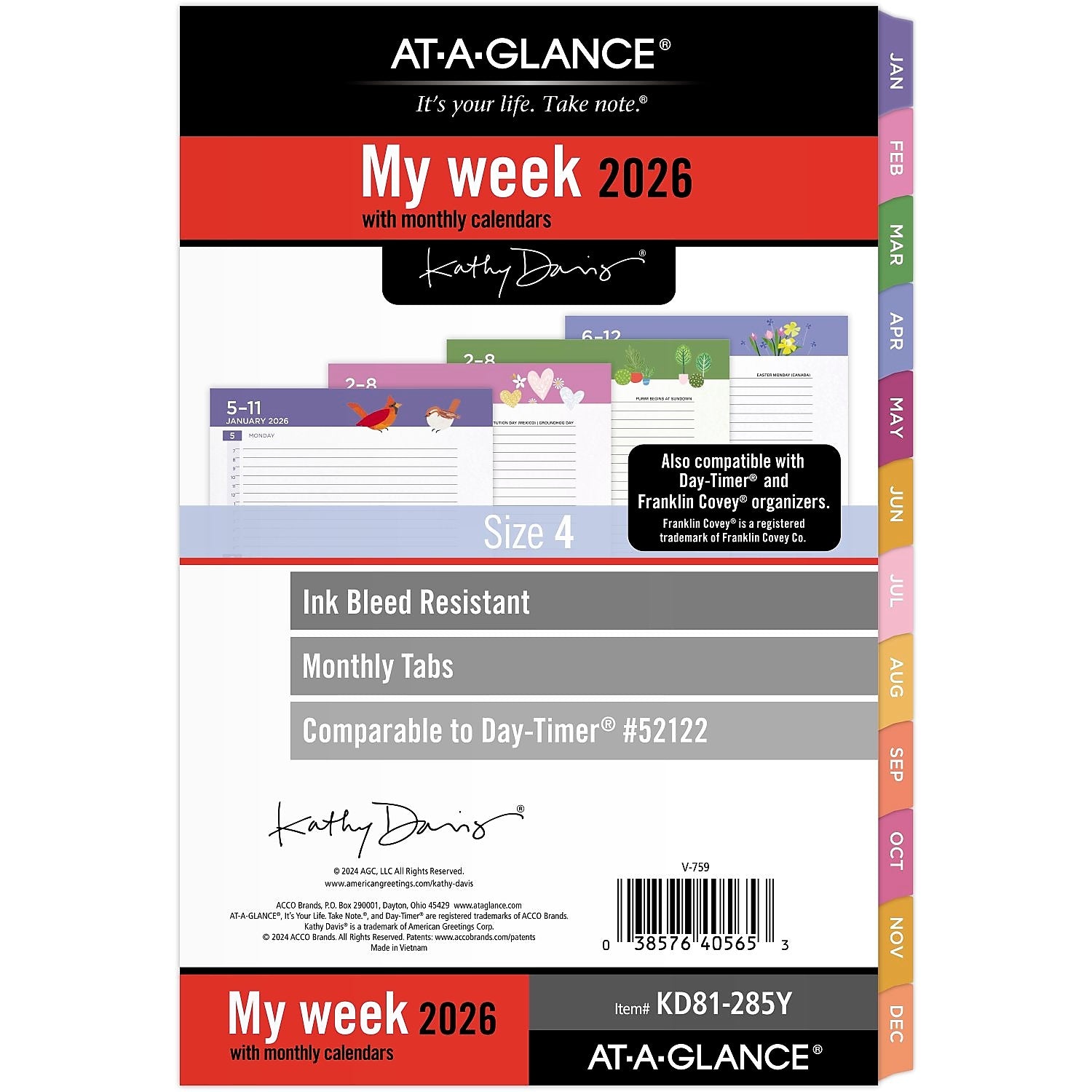 2026 AT-A-GLANCE Kathy Davis 8.5" x 5.5" Weekly & Monthly Planner Refill Pages, Multicolored (KD81-285Y-26)