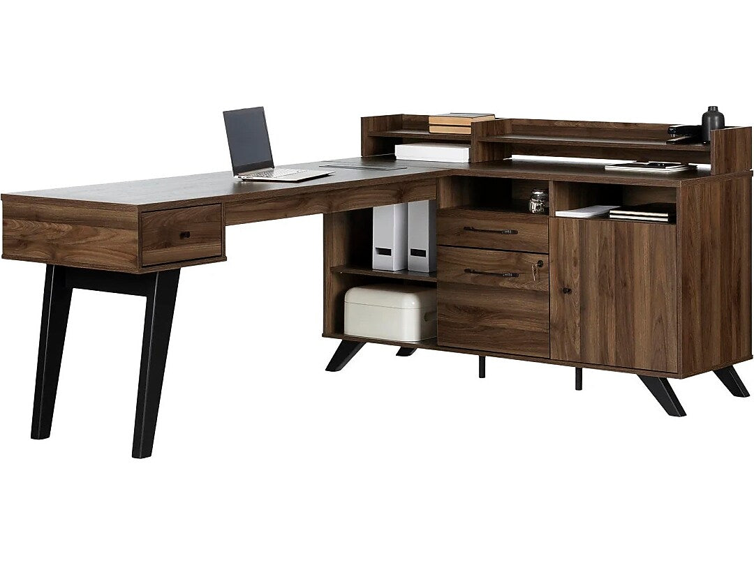 South Shore Helsy 78"W L-Shaped Computer Desk with Power Bar and Removable Hutch, Natural Walnut (13307)
