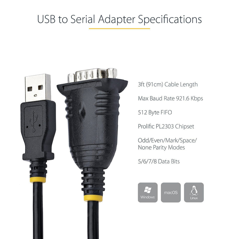 StarTech.com 3.3ft USB-A to Serial DB9 Cable, Male to Male, RS232 Printer/Switch/PLC, Black (1P3FP-USB-SERIAL)