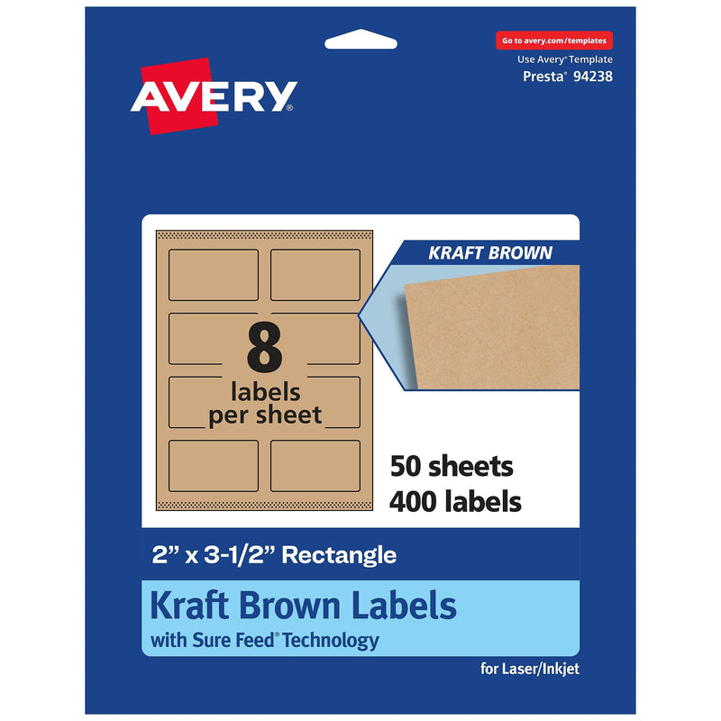 Avery Laser/Inkjet Rectangle Labels, 2" x 3.5", Kraft Brown, 400 Labels/Box (94238)