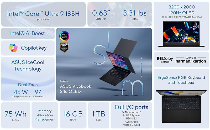 ASUS Vivobook S 16 2.8K OLED AI Laptop, Intel Core Ultra 9 285H, 16GB RAM, 1TB SSD, Backlit Keyboard, Windows 11 Home