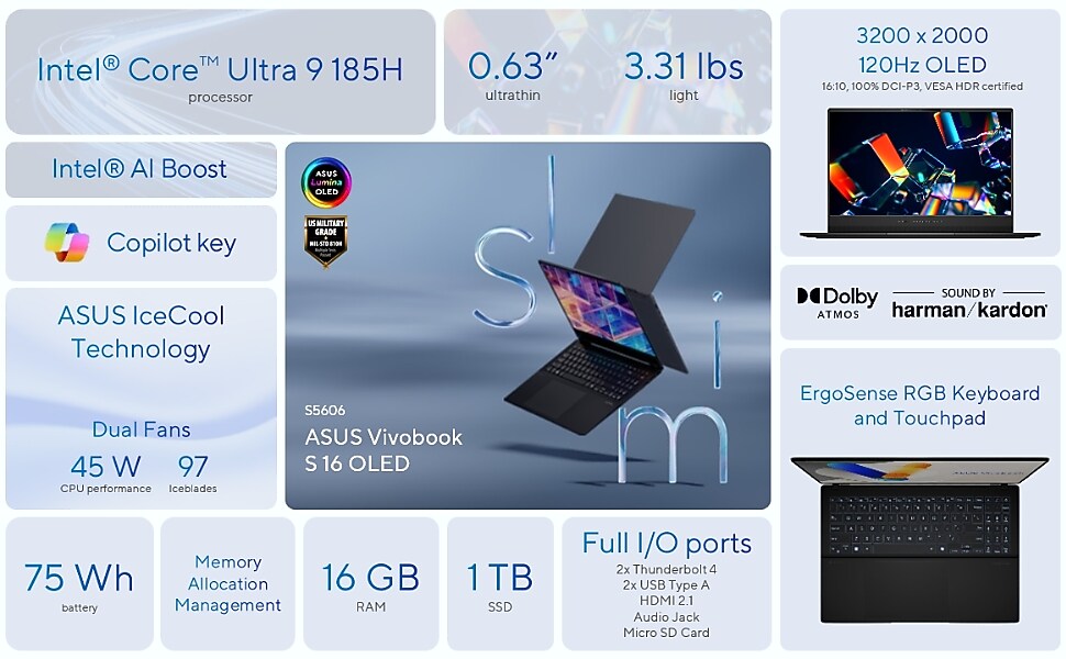 ASUS Vivobook S 16 2.8K OLED AI Laptop, Intel Core Ultra 9 285H, 16GB RAM, 1TB SSD, Backlit Keyboard, Windows 11 Home