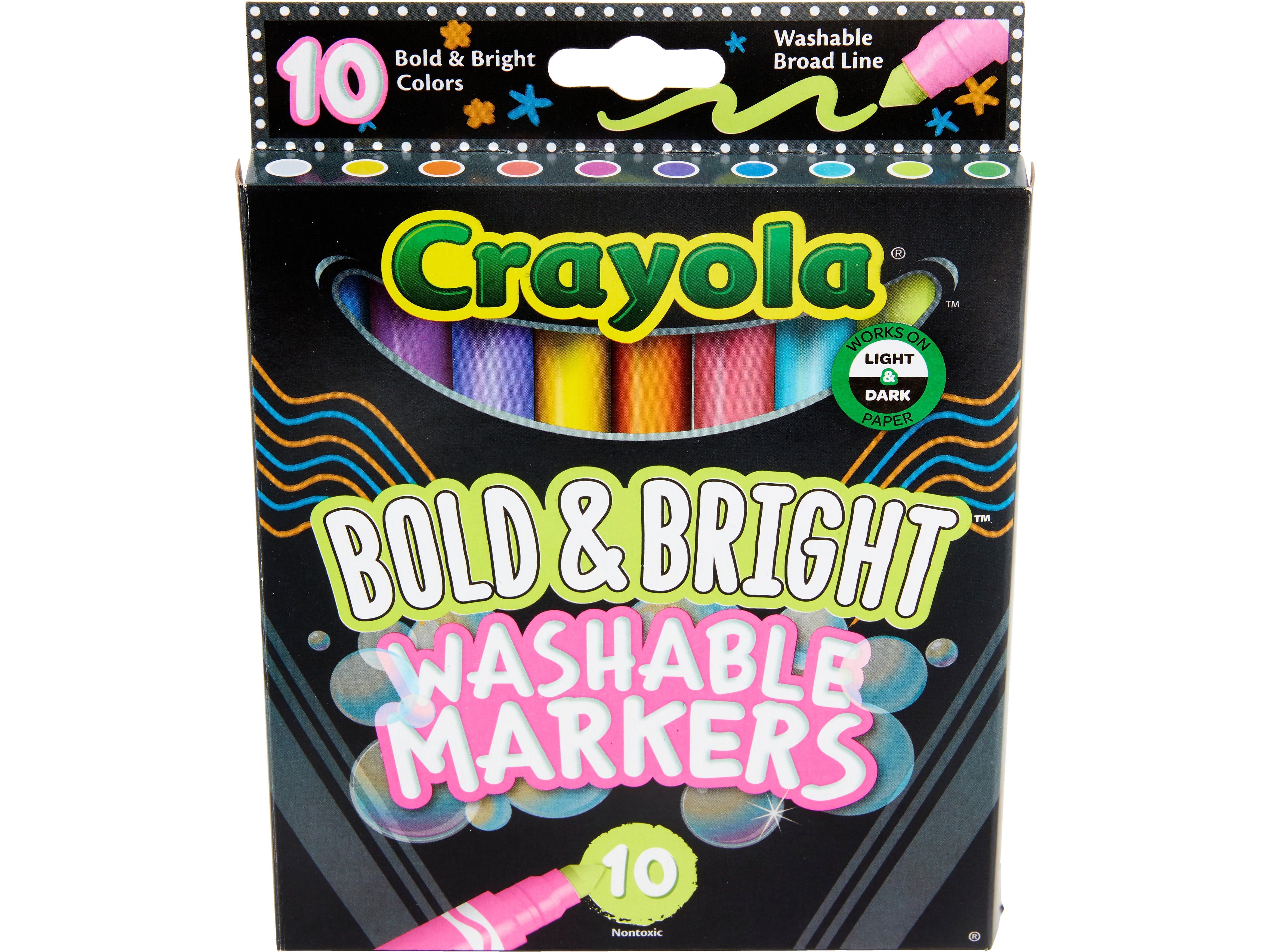 Crayola Bold & Bright Washable Markers, Broad Point, Assorted Colors, 10/Pack (587735)