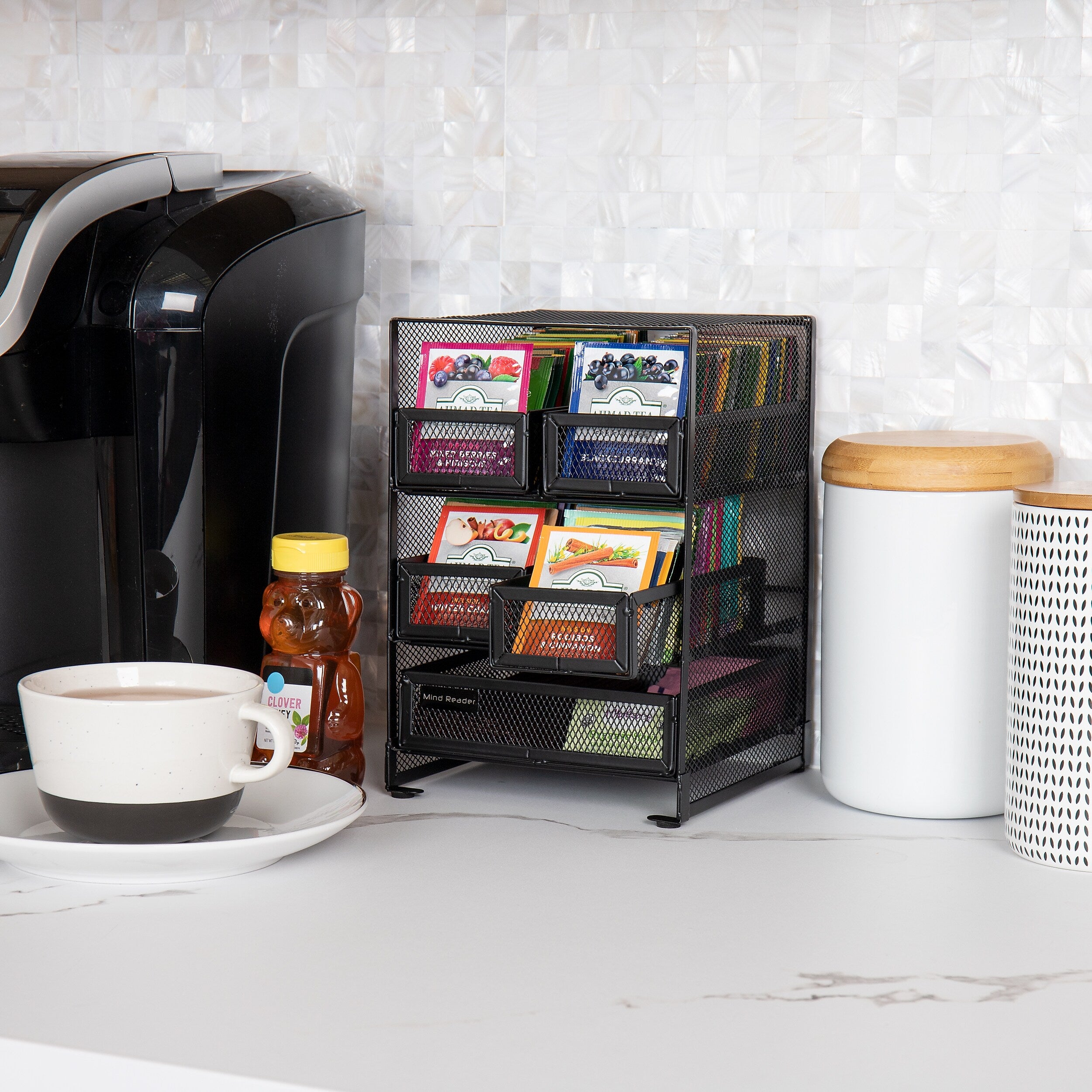 Mind Reader Metal 5-Compartment Tea Bag Organizer, 120 Tea Bag Capacity, Black (MMTDR5-BLK)