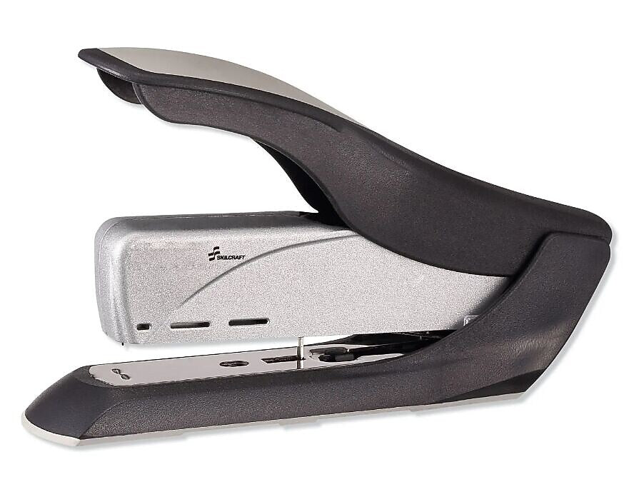 AbilityOne SKILCRAFT Heavy-Duty Spring-Powered Desktop Stapler, 65-Sheet Capacity, Black/Silver (NSN5668656)