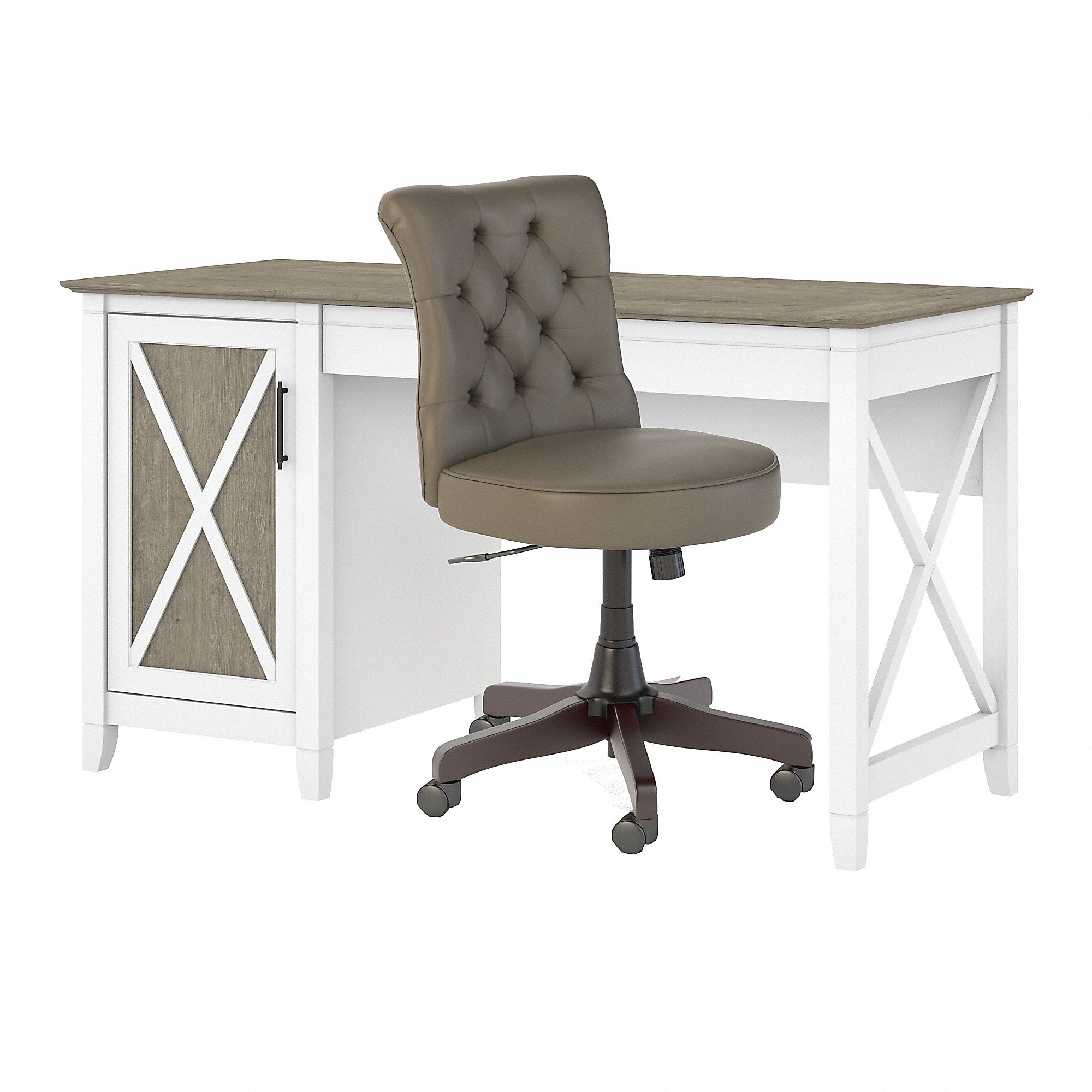 Bush Furniture Key West 54"W Computer Desk with Storage and Mid-Back Tufted Office Chair, Shiplap Gray/Pure White (KWS020G2W)