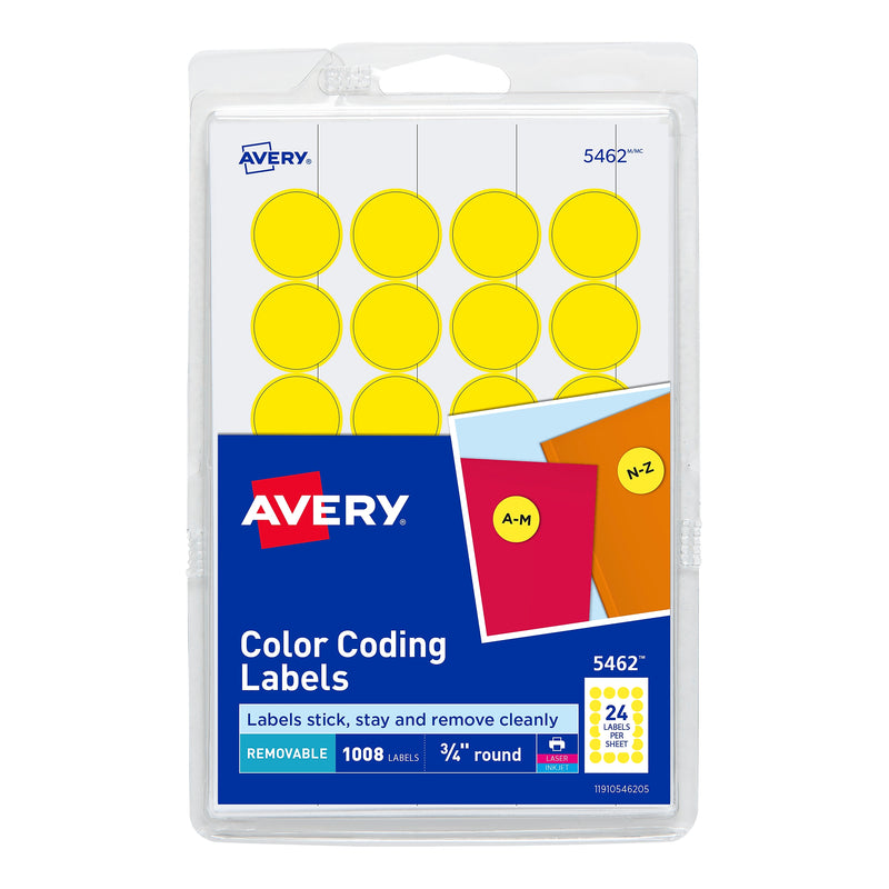 Avery Laser/Inkjet Color-Coding Labels, 3/4" Dia, Yellow, 1,008 Labels/Pack (5462)