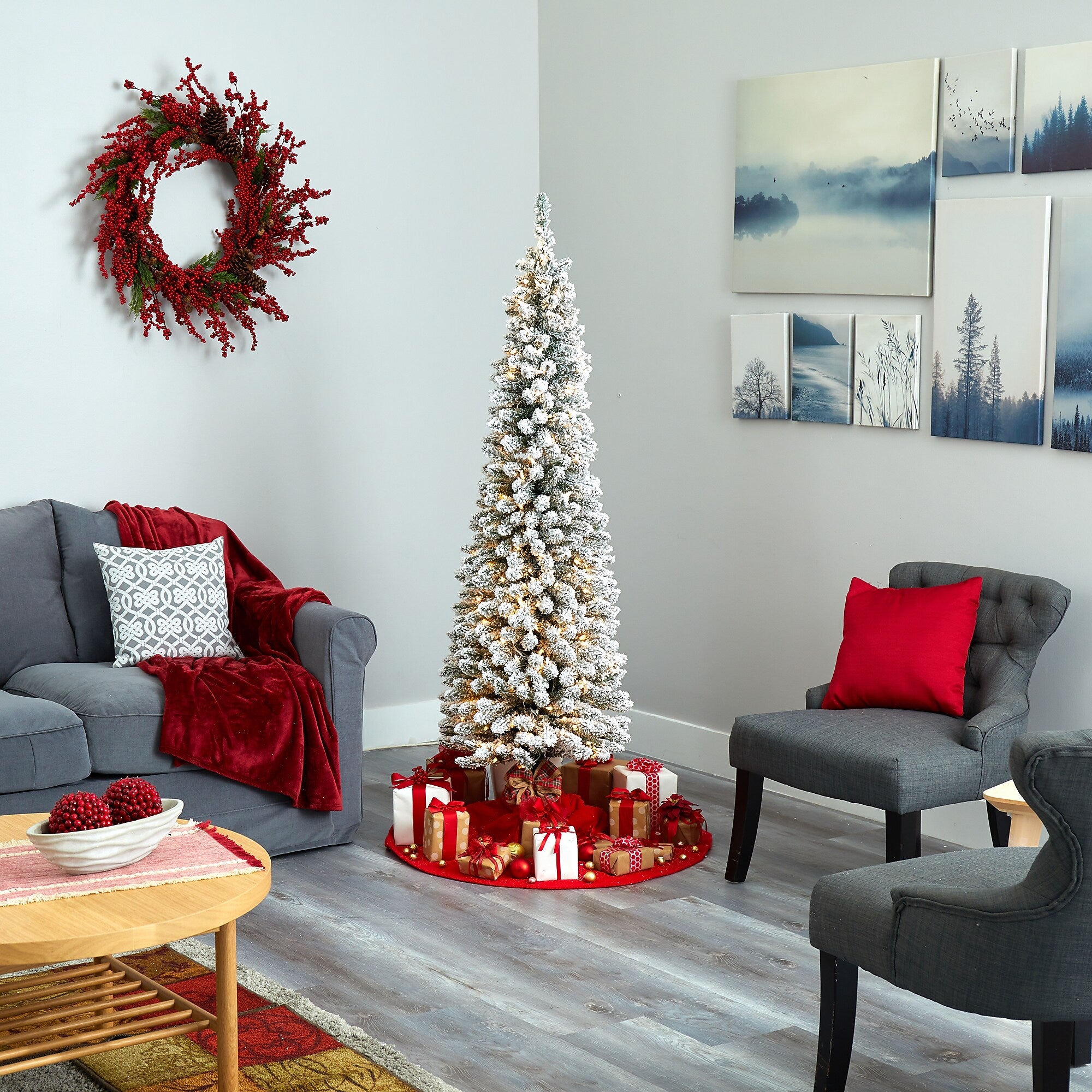 Nearly Natural 6-ft Flocked Pencil Artificial Christmas Tree with 300 Clear Lights and 438 Bendable Branches (T1906)