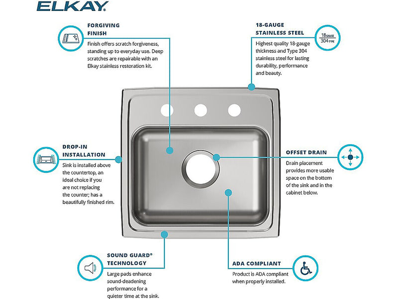 Elkay Lustertone Classic 3-Hole Single-Bowl Drop In Sink, 5.5" x 19" x 18", Stainless Steel, Lustrous Satin (LRAD1918553)