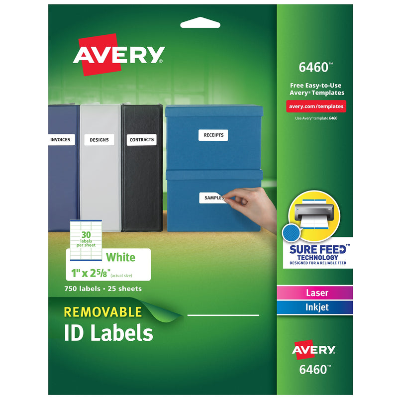 Avery Sure Feed Laser/Inkjet ID Labels, 1" x 2-5/8", White, 750 Labels/Pack (6460)