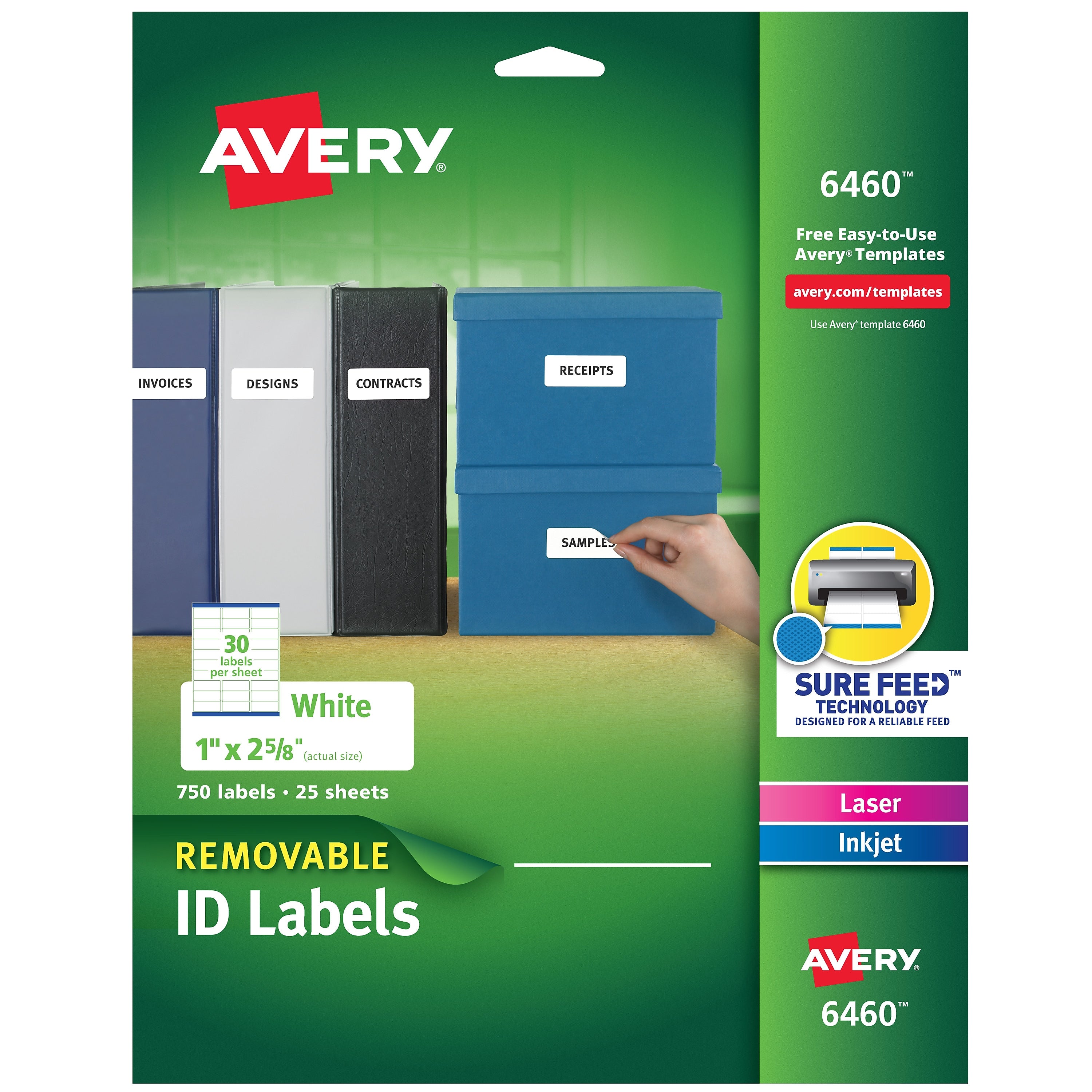 Avery Sure Feed Laser/Inkjet ID Labels, 1" x 2-5/8", White, 750 Labels/Pack (6460)