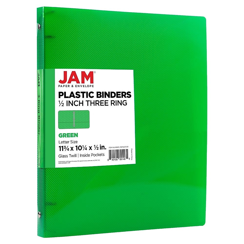 JAM Paper 1/2" 3-Ring Flexible Poly Binder, Green (PB75237GR)