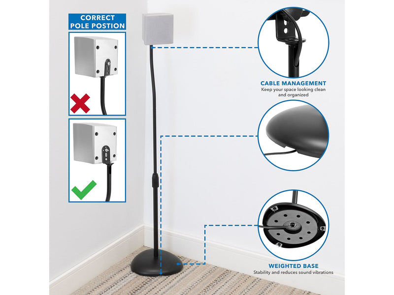 Mount-It! Height-Adjustable Speaker Floor Stand, Black, 2/Pack (MI-1232)