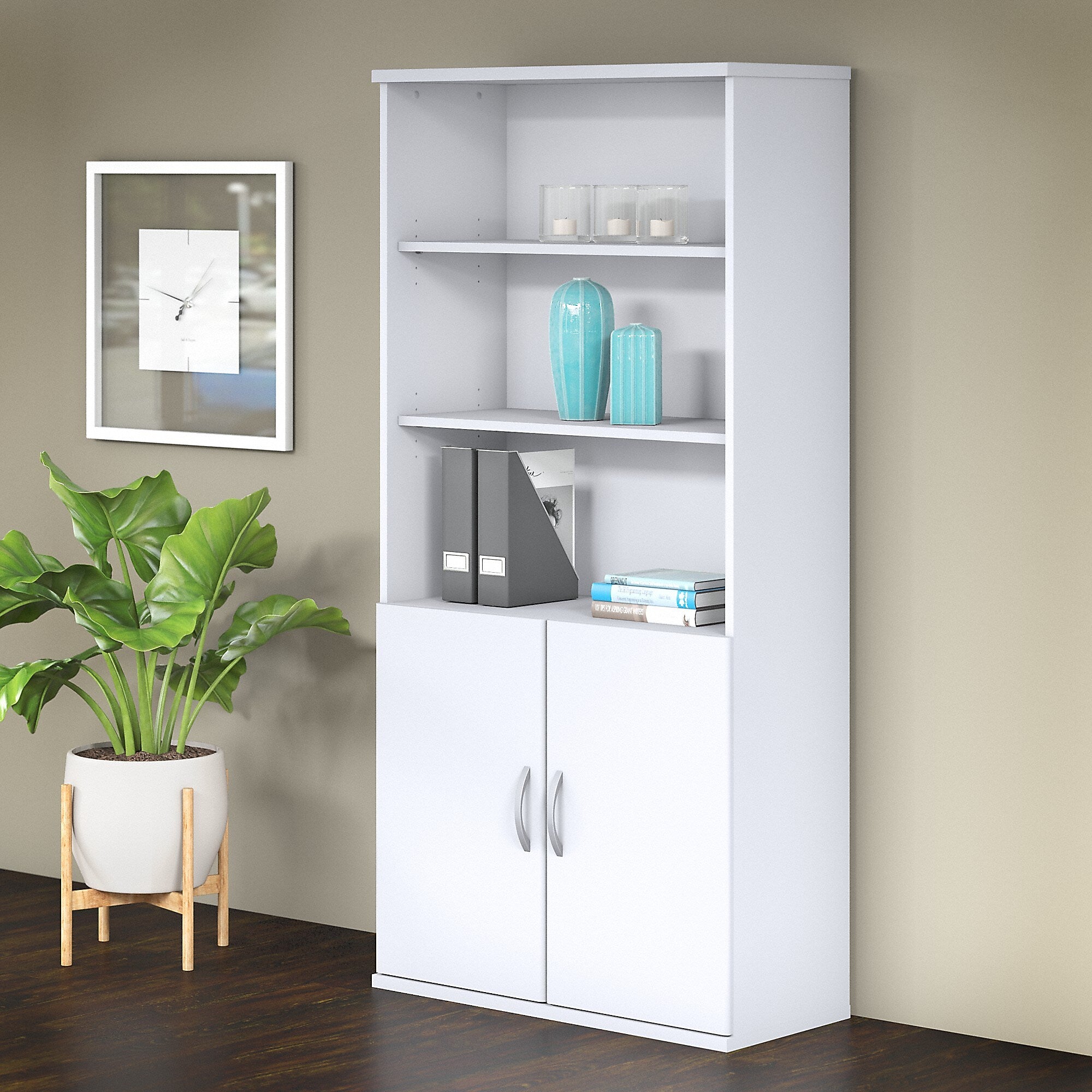 Bush Business Furniture Studio C 73"H 5-Shelf Bookcase with Adjustable Shelves, White Laminated Wood (STC015WH)