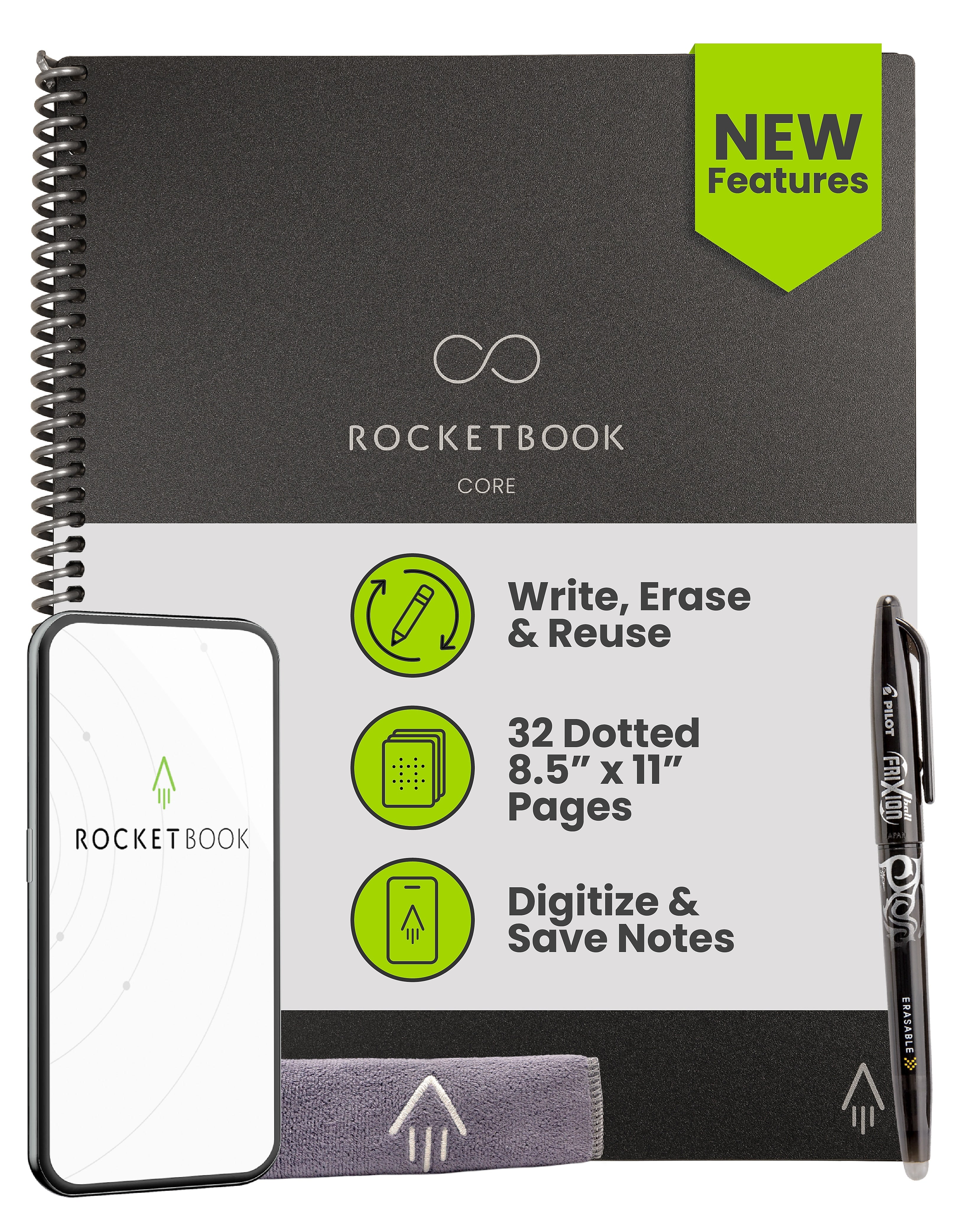 Rocketbook Core Smart Notebook, 8.5" x 11", Dot-Grid Ruled, 32 Pages, Black (EVR-L-RC-A-FR)