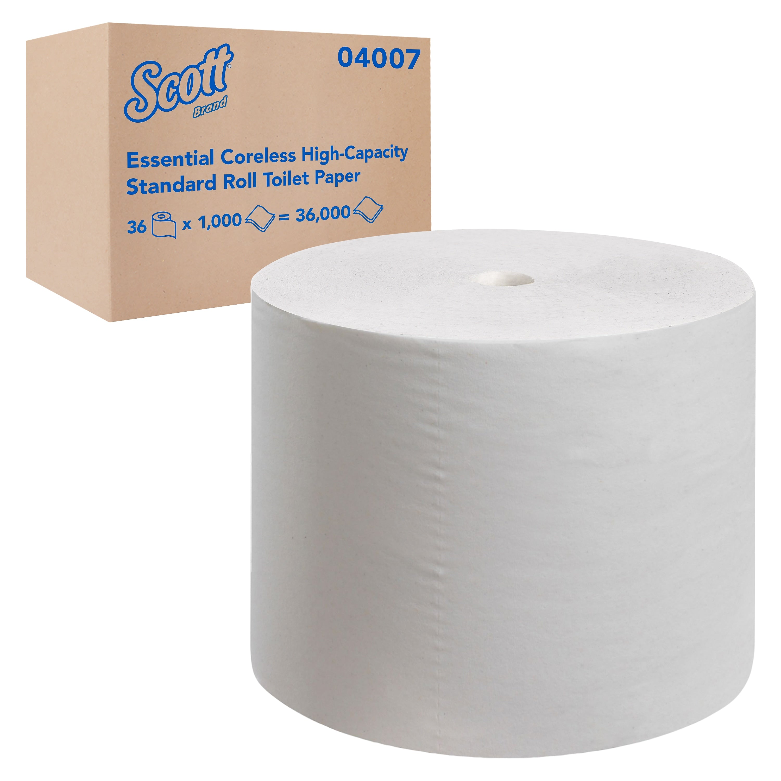 Scott Essential Recycled Coreless Toilet Paper, 2-Ply, White, 1000 Sheets/Roll, 36 Rolls/Case (04007)
