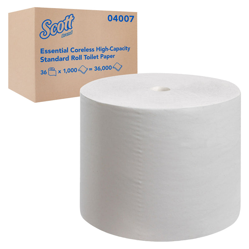 Scott Essential Recycled Coreless Toilet Paper, 2-Ply, White, 1000 Sheets/Roll, 36 Rolls/Case (04007)