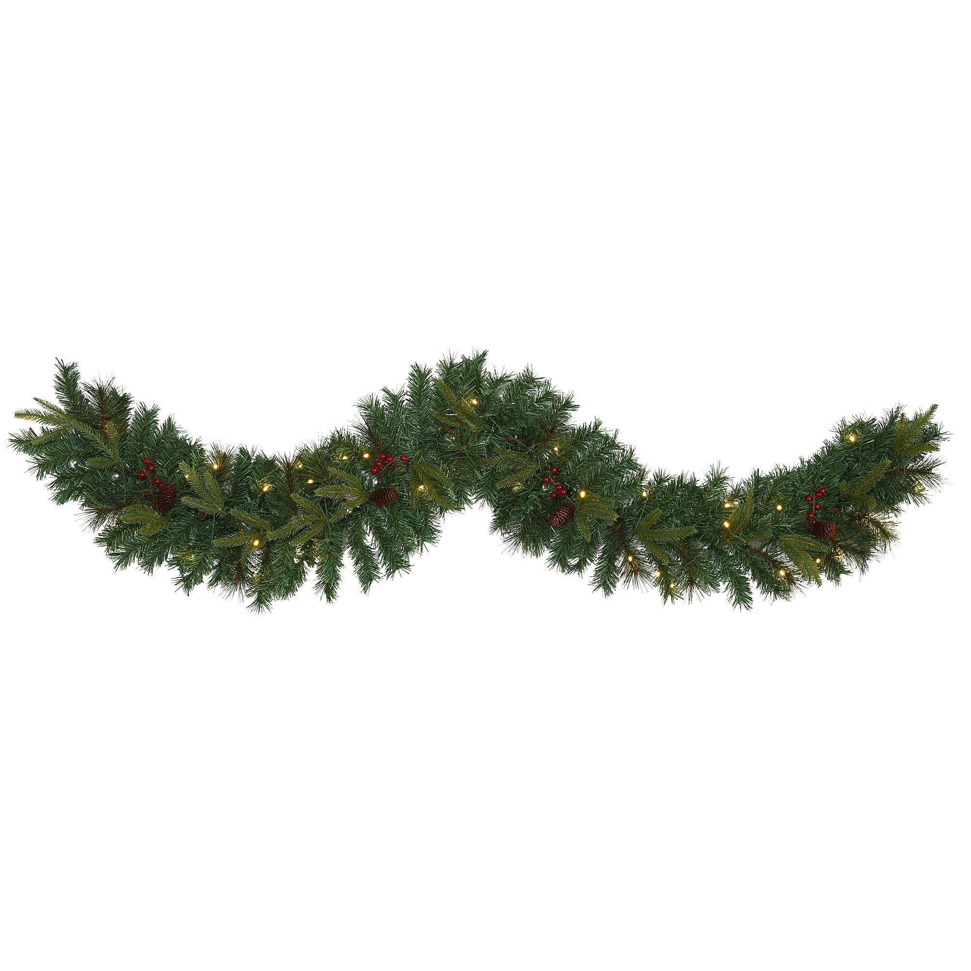 Nearly Natural 6-ft Mixed Pine Artificial Christmas Garland with 35 Clear LED Lights, Berries and Pinecones (W1108)