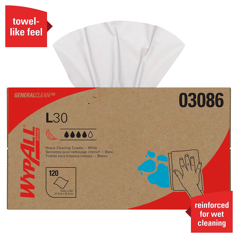 WypAll GeneralClean L30 Cleaning Cloths, 10" x 10.8", White, 12 Sheets/Box, 10 Boxes/Carton (03086)
