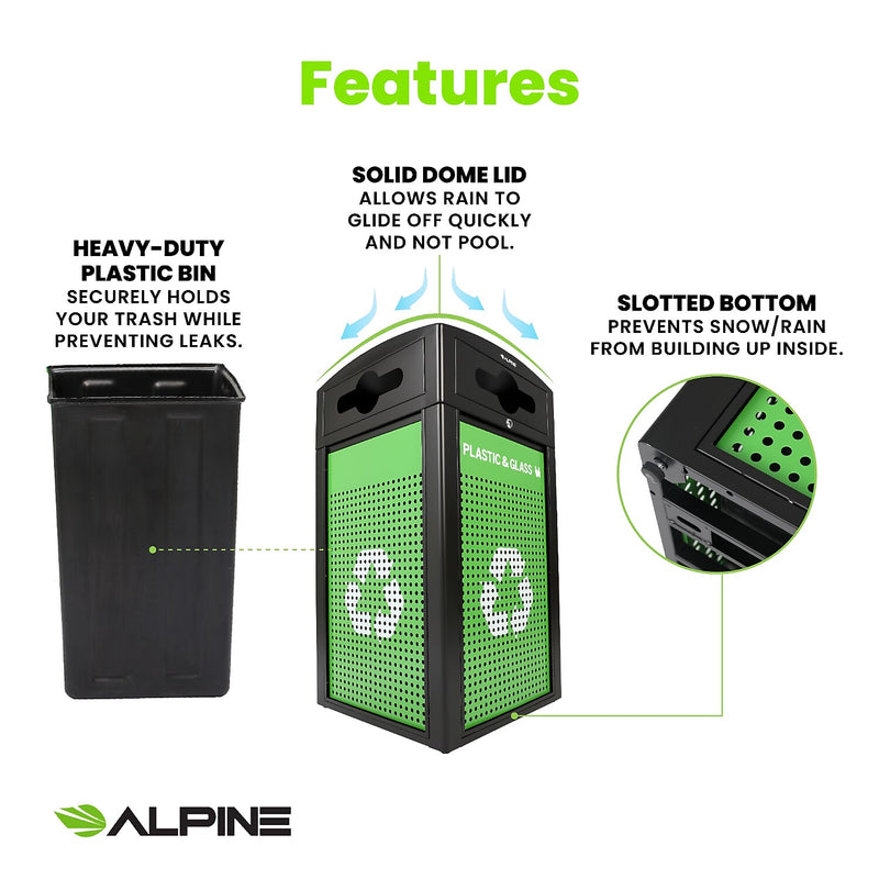 Alpine Industries GS Series Steel Trash Can & Recycling Bin Combo, 80 Gallon, Green (ALP471-40-SILGC-MK)