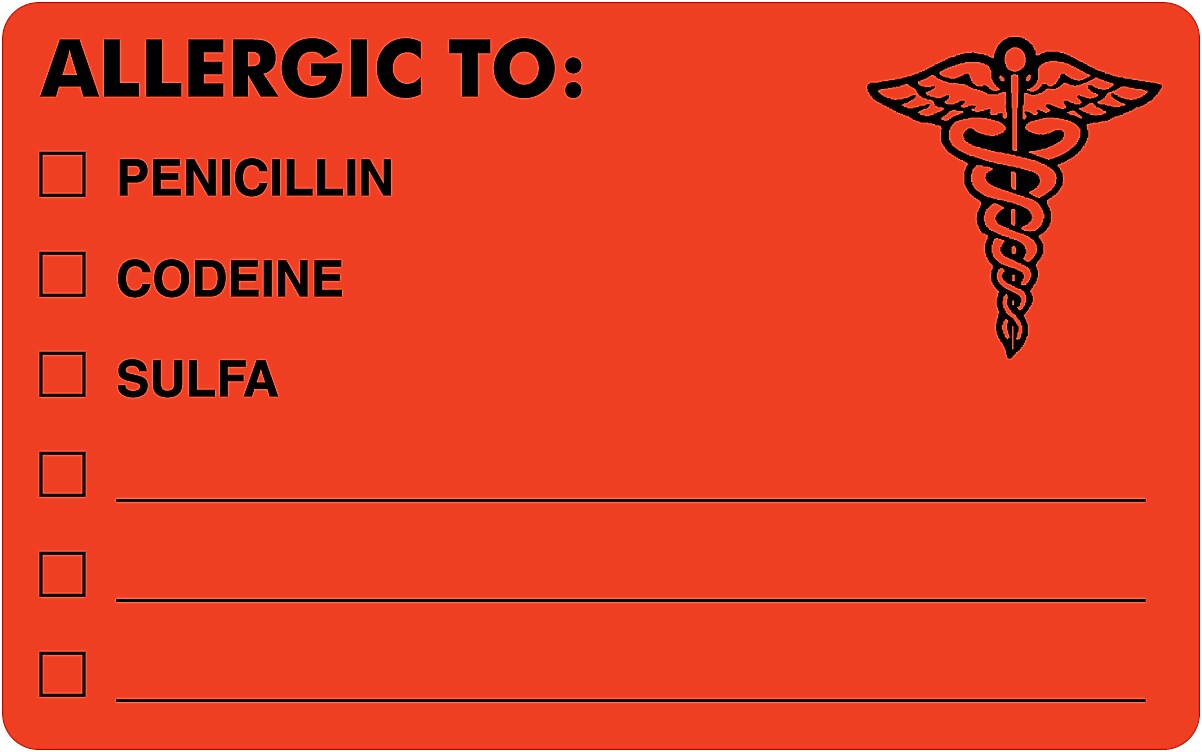 Tabbies "ALLERGIC TO:" Medical Labels, 2.5" x 4", Fluorescent Red, 100/Roll (TAB00488)