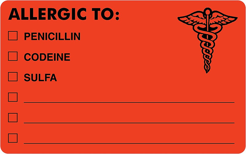 Tabbies "ALLERGIC TO:" Medical Labels, 2.5" x 4", Fluorescent Red, 100/Roll (TAB00488)