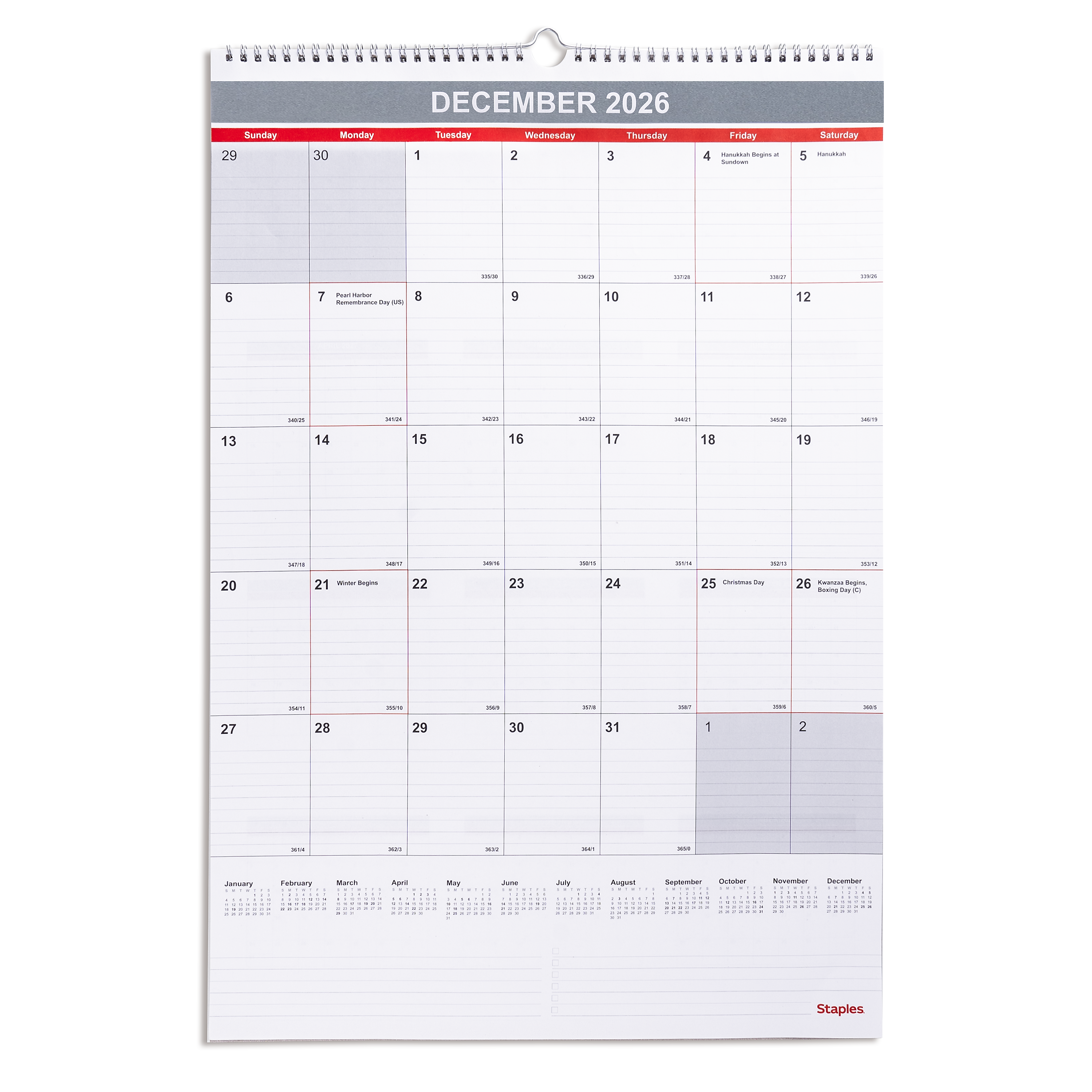 2026 Staples 15.5" x 22.75" Monthly Wall Calendar, White/Red/Gray (ST53925-26)