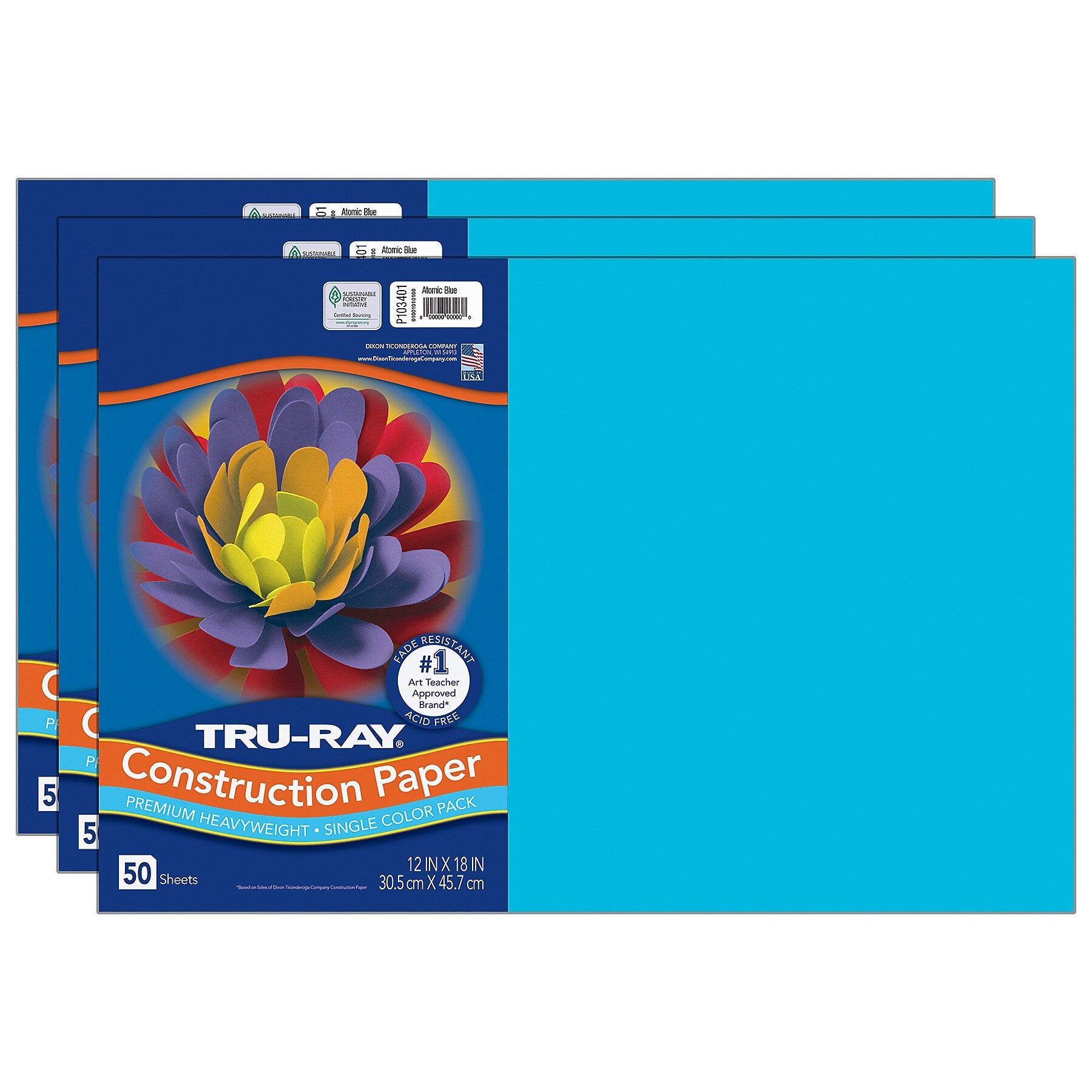 Tru-Ray 12" x 18" Construction Paper, Atomic Blue, 50 Sheets/Pack, 3 Packs/Bundle (PAC103401-3)
