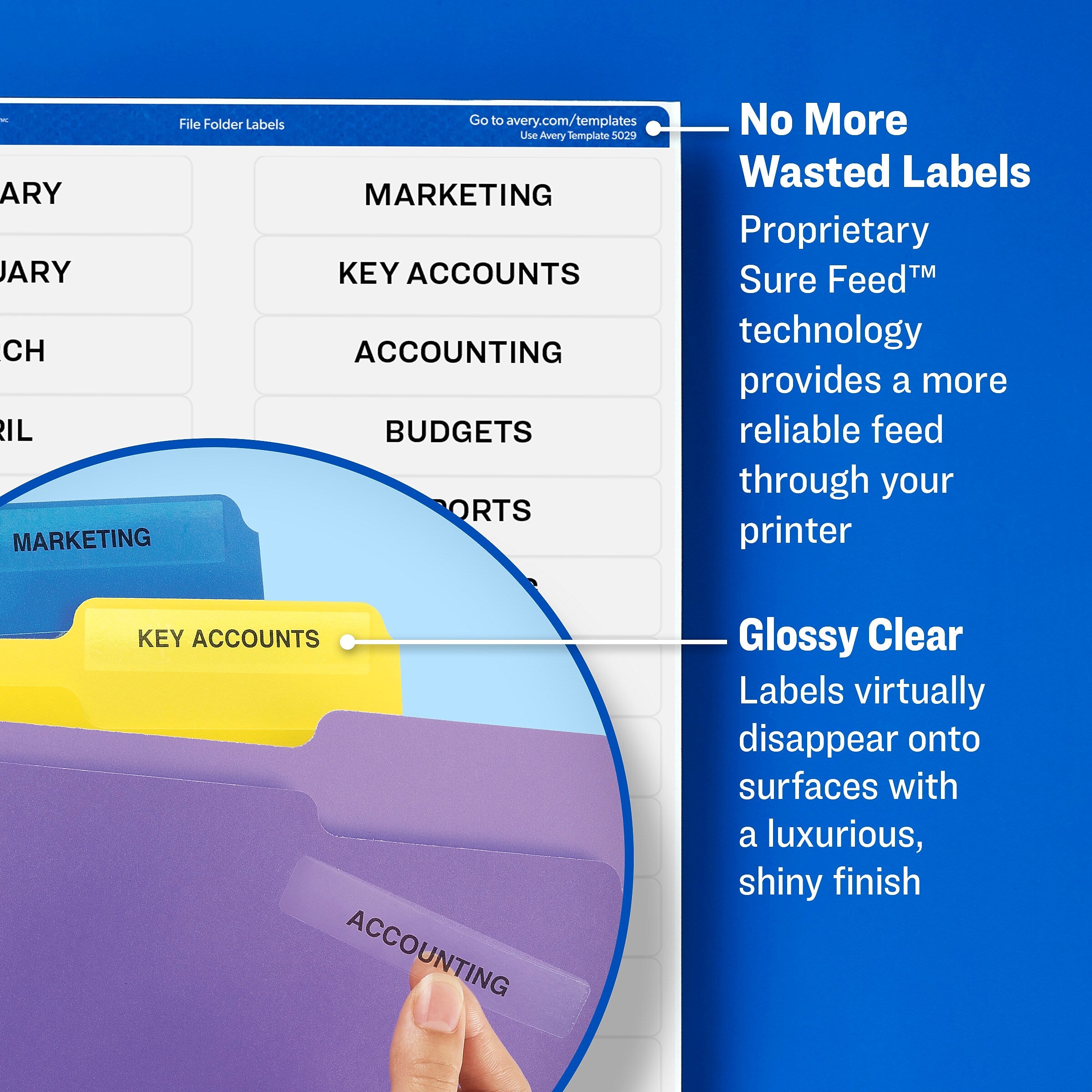 Avery Sure Feed Laser/Inkjet File Folder Labels, 2/3" x 3-7/16", Glossy Clear, 450 Labels/Pack (5029)