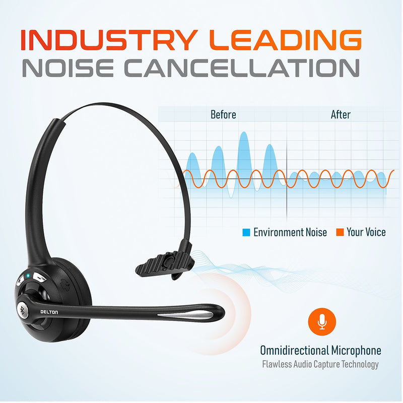 Delton 10X Microphone Wireless Noise-Canceling Bluetooth Mono Trucker Headset, Over-the-Head, Black (DBTHEAD10X)