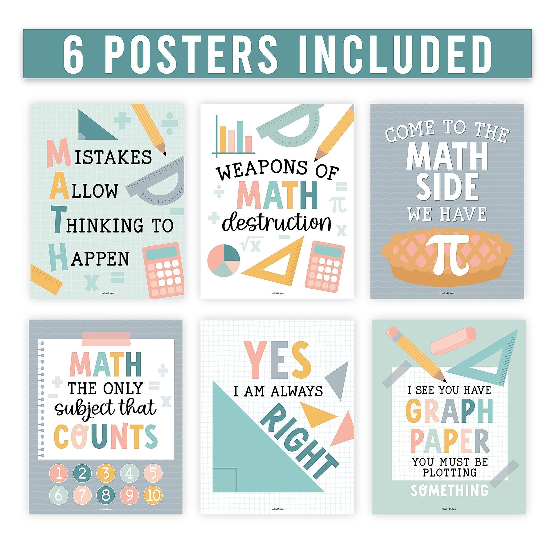 Hadley Designs 11" x 14" Boho Math Bulletin Board Classroom Decor Posters, 6/Set (HDDX004BEB10P)