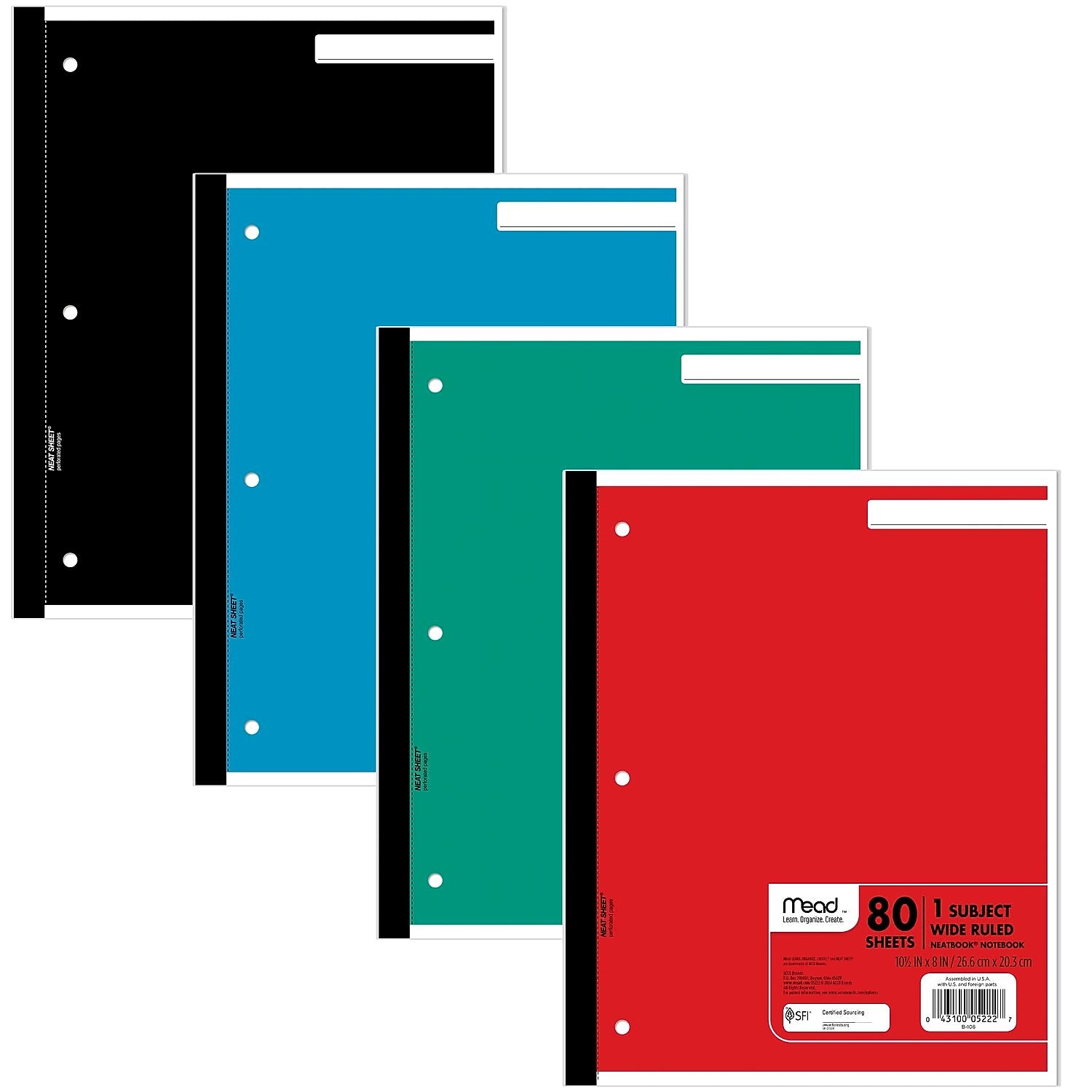 Mead Wireless Neatbook 1-Subject Notebooks, 8" x 10.5", Wide Ruled, 80 Sheets (05222)