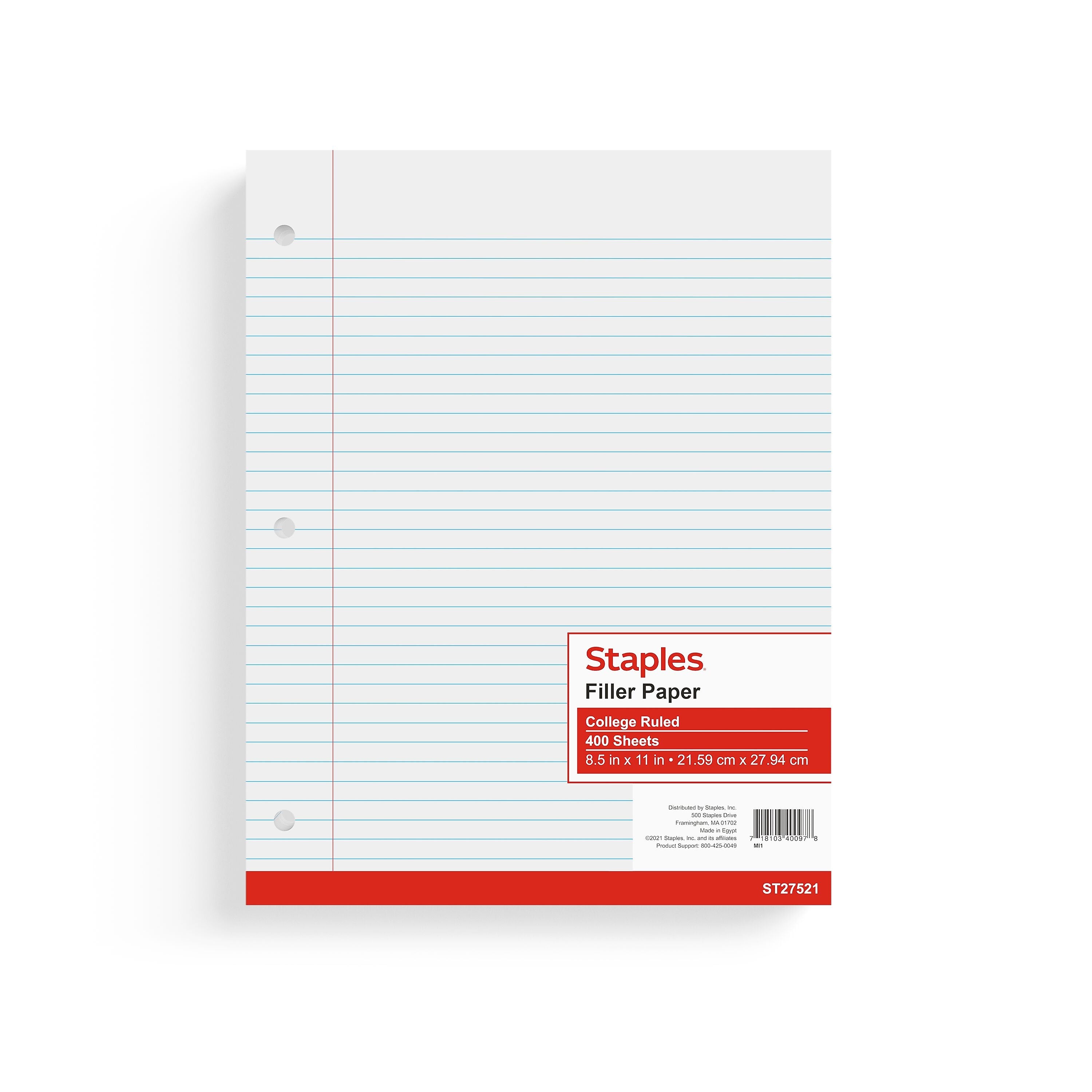Staples® College Ruled Filler Paper, 8.5" x 11", White, 400 Sheets/Pack (ST27521D)