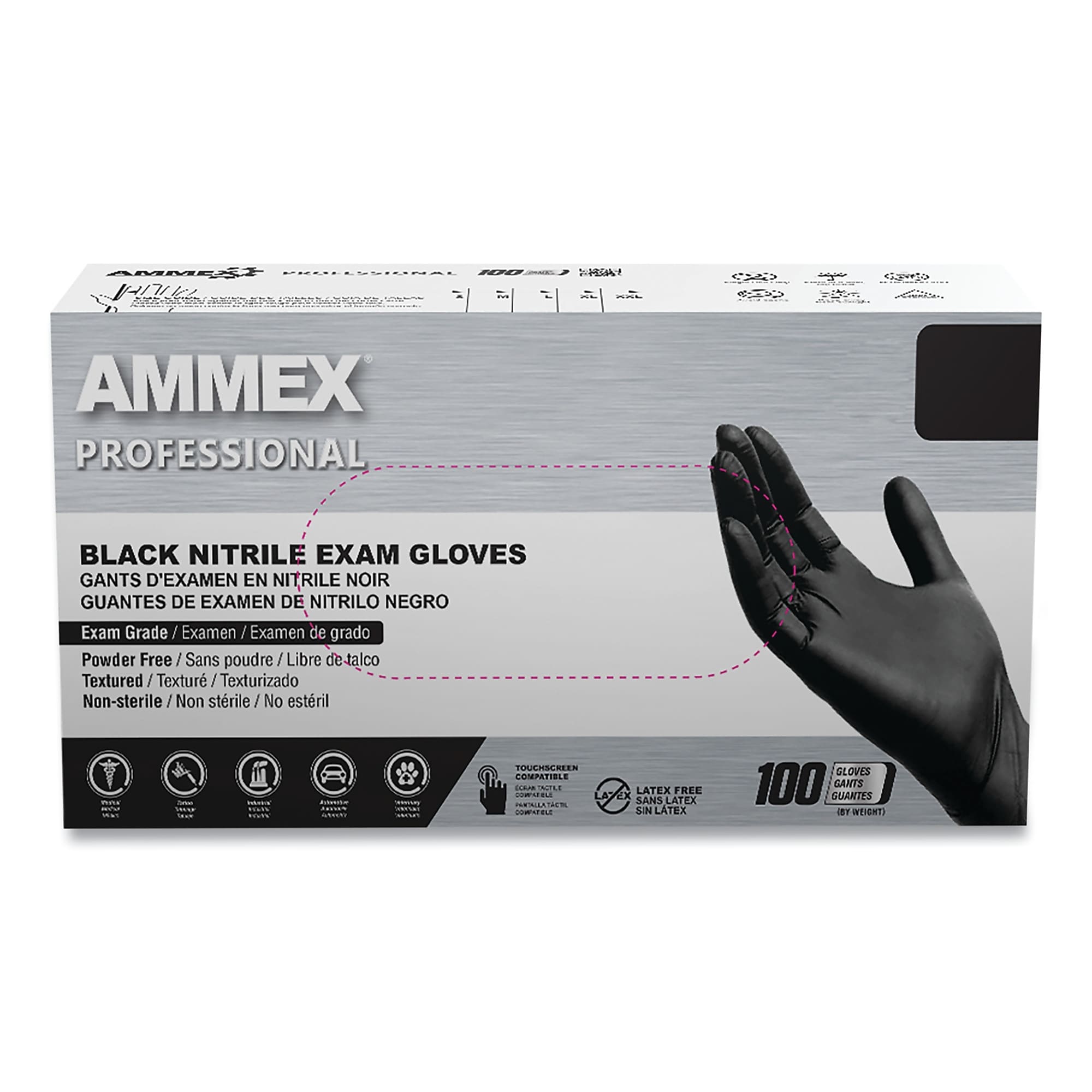 AMMEX Professional Nitrile Exam Gloves, Powder-Free, 3 mil, Medium, Black, 100/Box, 10 Boxes/Carton