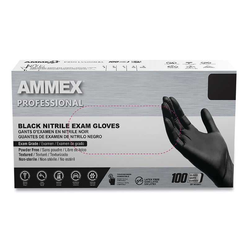AMMEX Professional Nitrile Exam Gloves, Powder-Free, 3 mil, Medium, Black, 100/Box, 10 Boxes/Carton