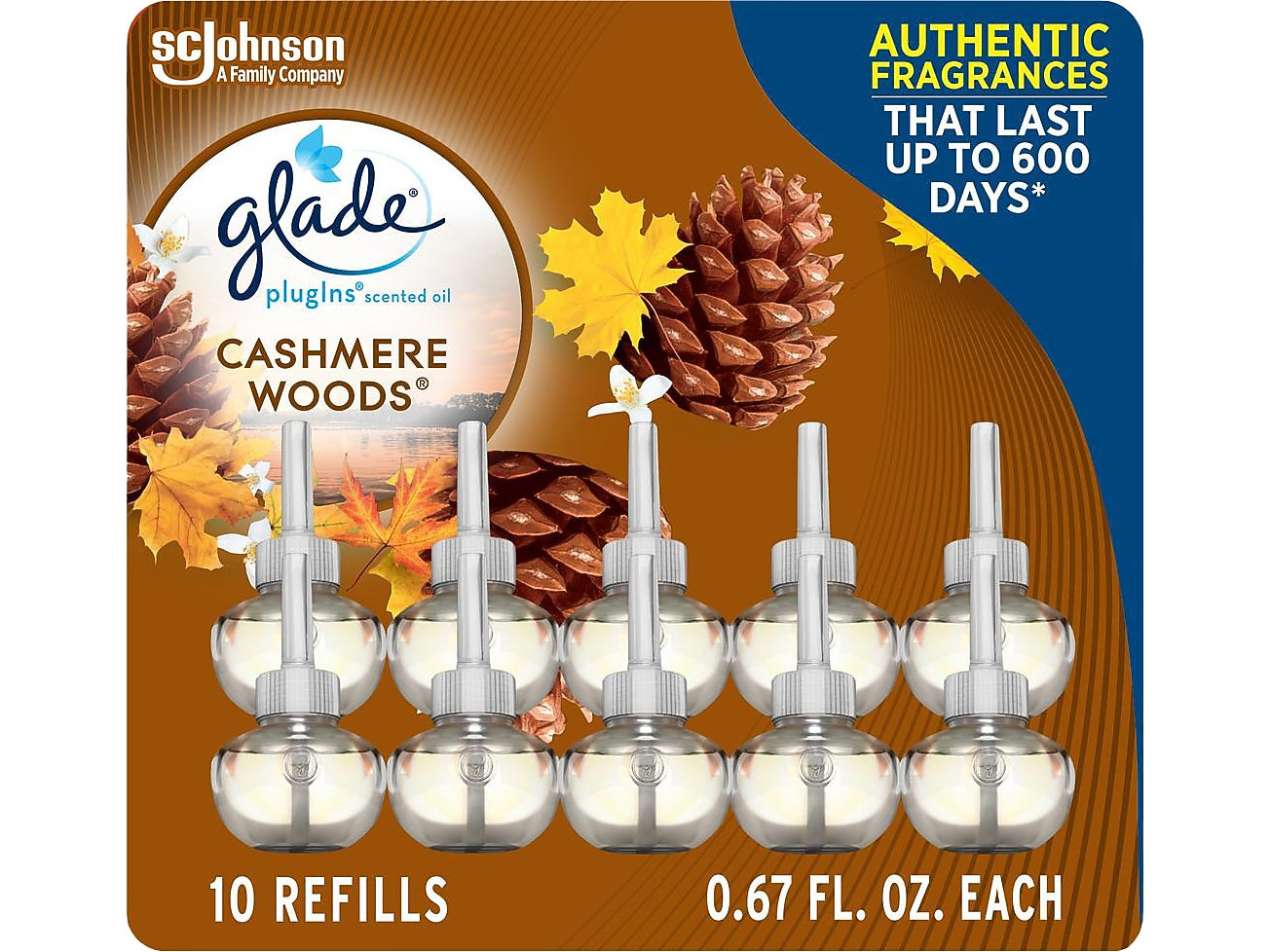 Glade PlugIns Scented Oil Diffuser Refill, Cashmere Woods, 0.67 fl. oz, 10/Pack (353724)