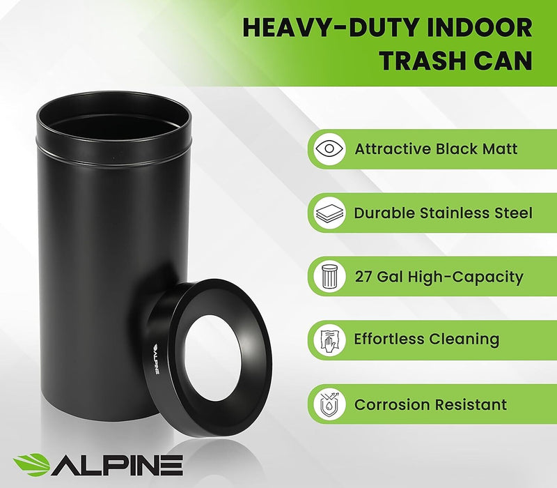 Alpine Industries Stainless Steel Trash Can, 27 Gallon, Black (ALP475-27-BLK)