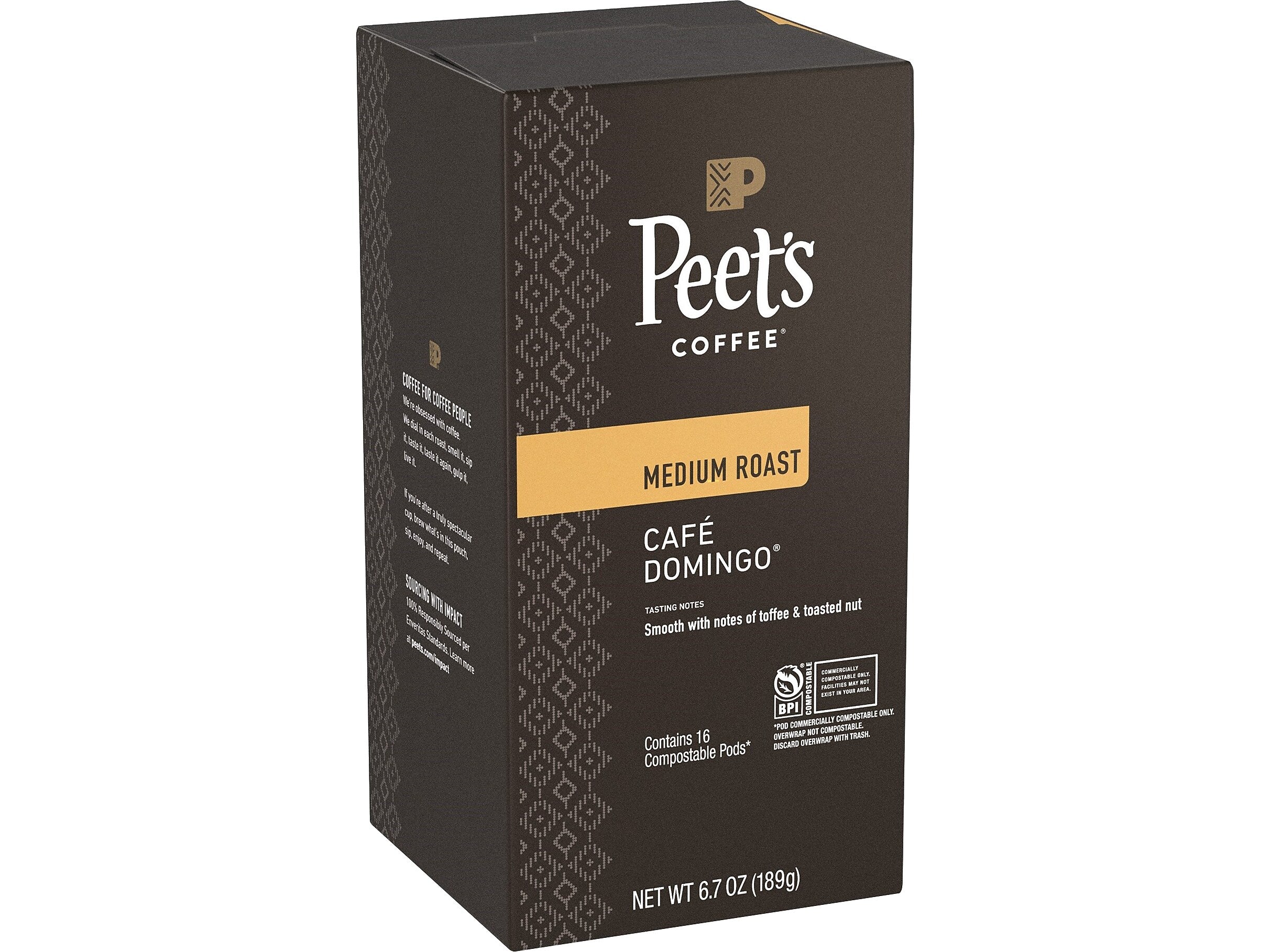 Peet's Coffee Cafe Domingo Coffee Soft Pods, Medium Roast, 16/Box, 6 Boxes/Carton (1001063)