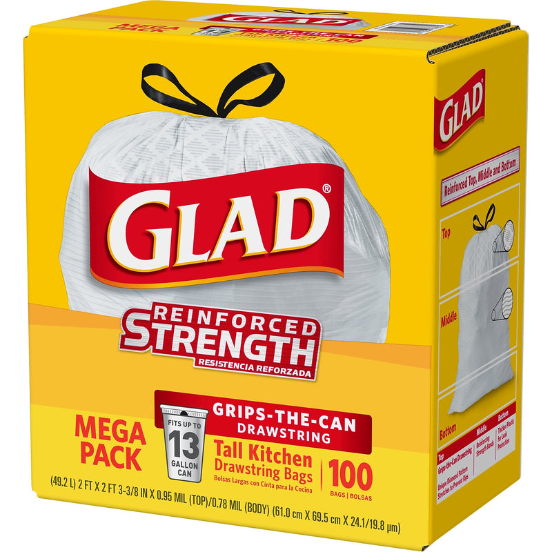 Glad Tall Kitchen Drawstring Trash Bags, 13 Gallon, White, Unscented, 100/Box (78374)