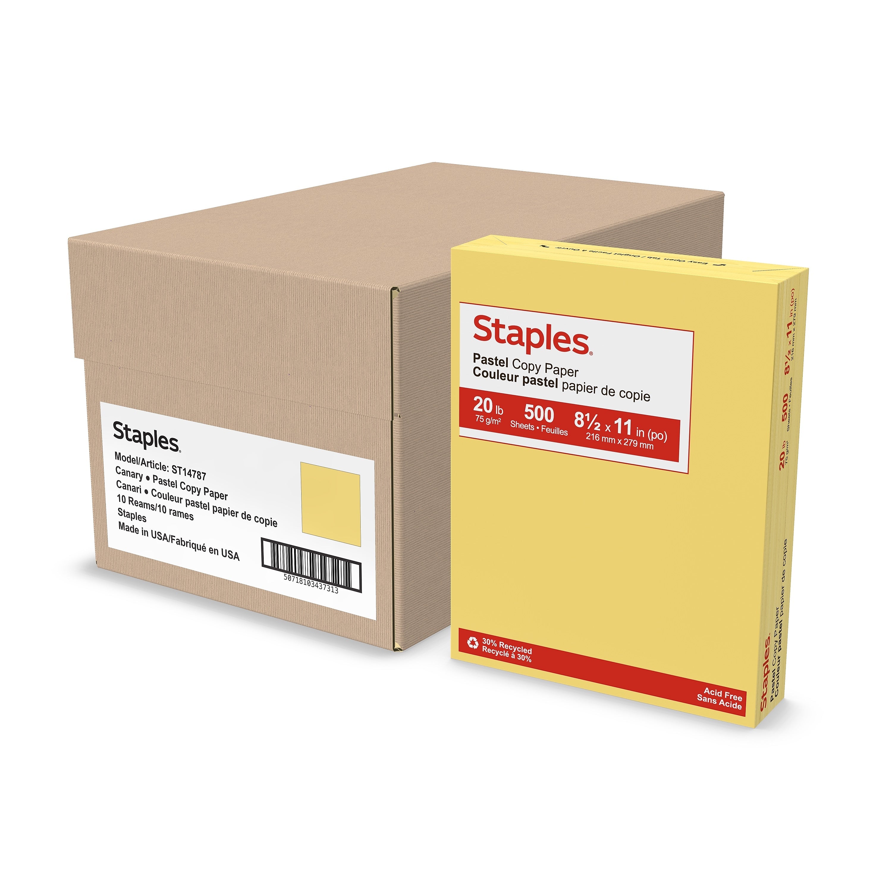 Staples Pastel 30% Recycled Color Copy Paper, 20 Lbs., 8.5" x 11", Canary, 5000/Carton (14787-AA)