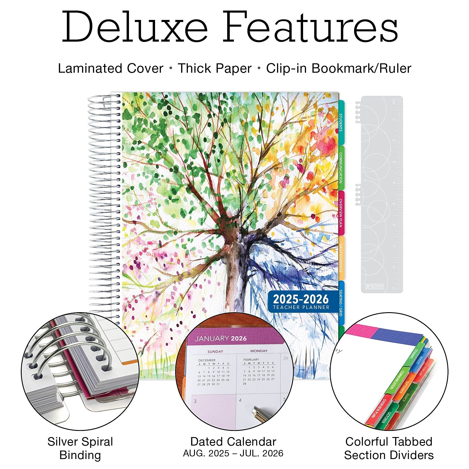2025-2026 Global Printed Products Deluxe Tree Seasons 8.5" x 11" Academic Weekly & Monthly Teacher Planner, Plastic Cover