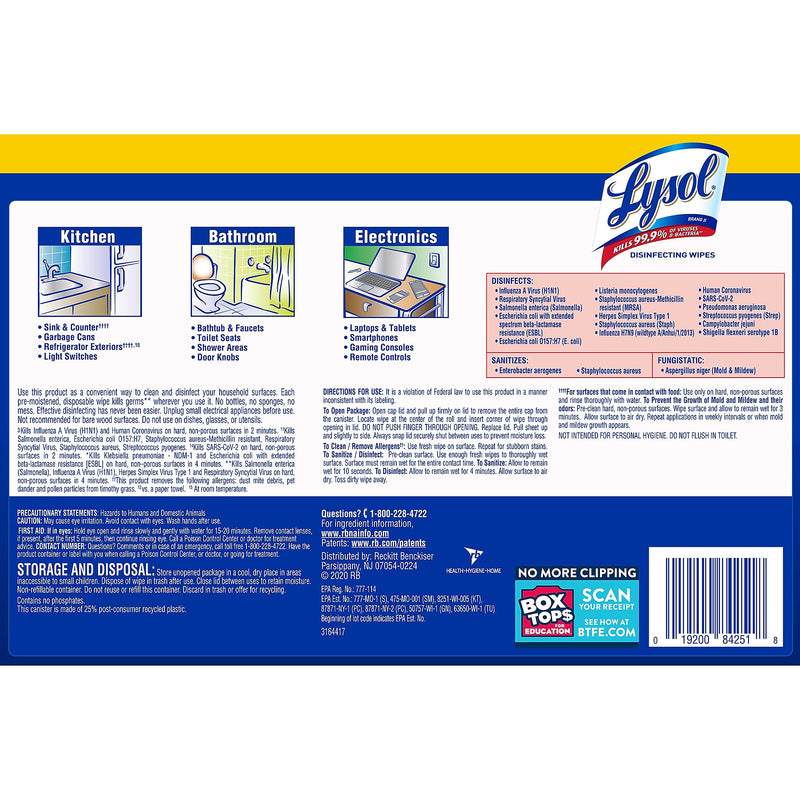Lysol Disinfecting Wipes, Lemon & Lime Blossom Scent, 80 Wipes/Container, 3 Containers/Pack, 2 Packs/Carton (RAC84251CT)